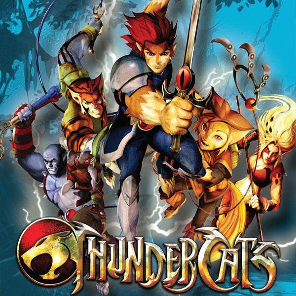 Thundercats (2011) TV show poster: Lion-O brandishes the Sword of Omens while Tygra, Panthro, Cheetara and WilyKit pose in action against a stormy blue background.