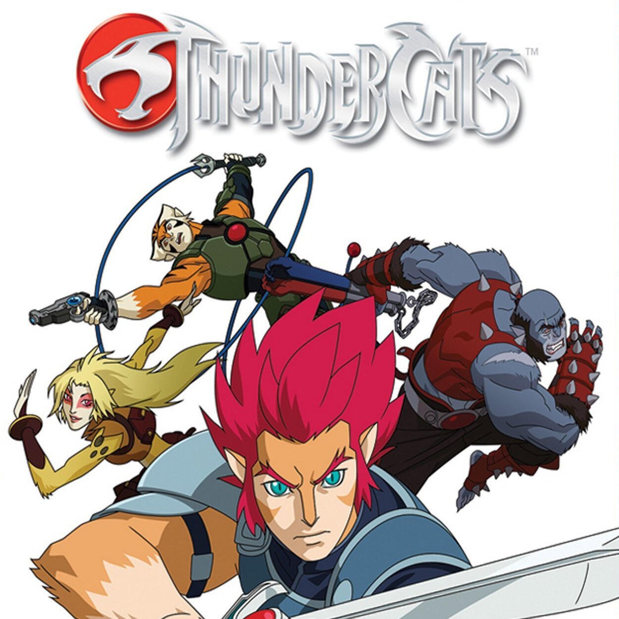 Thundercats (2011) TV show poster: Lion-O with raised sword front and center, Cheetara, Tygra and Panthro in dynamic poses behind him.