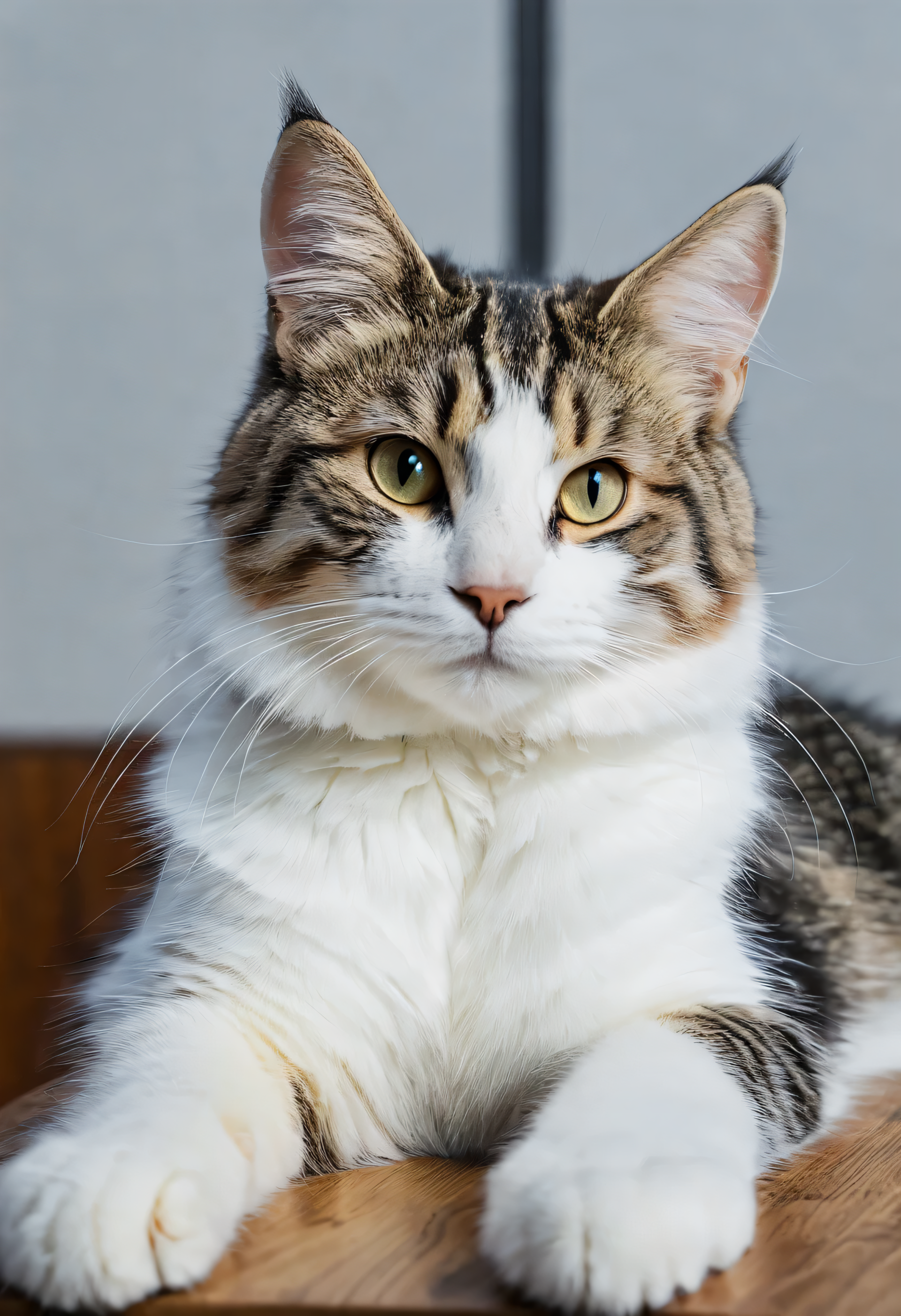 AI-generated portrait of a tabby-and-white cat: a calm, regal feline animal with alert golden eyes and soft fur.