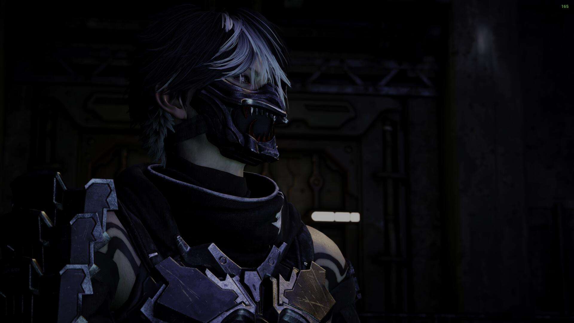 Dark, cybernetic ninja in armored suit and mask standing in a dim industrial corridor — artwork for the video game Ninja Gaiden 4.