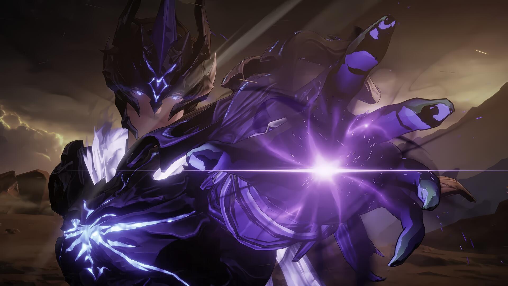 Solo Leveling: ARISE video game art — armored shadow figure thrusts a gauntleted hand, releasing crackling purple energy across a stormy plain.