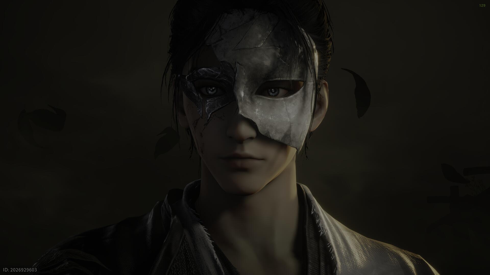 Close-up of a stoic character from Where Winds Meet, video game, wearing a pale silver half-mask, face half in shadow with dim, moody lighting.