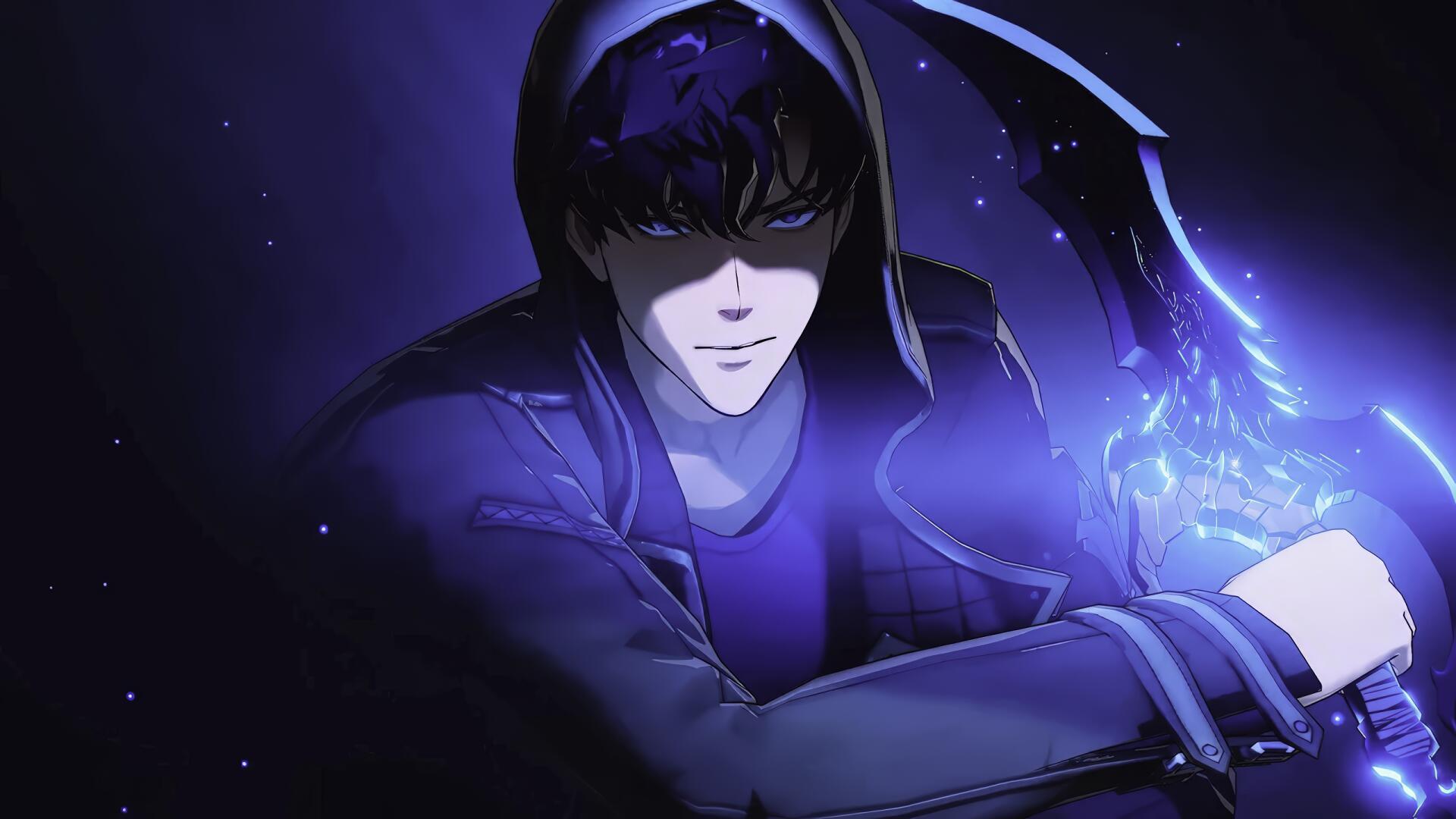 Hooded protagonist from the video game Solo Leveling: ARISE grips a glowing purple-blue blade, his shadowed face lit by swirling dark energy.