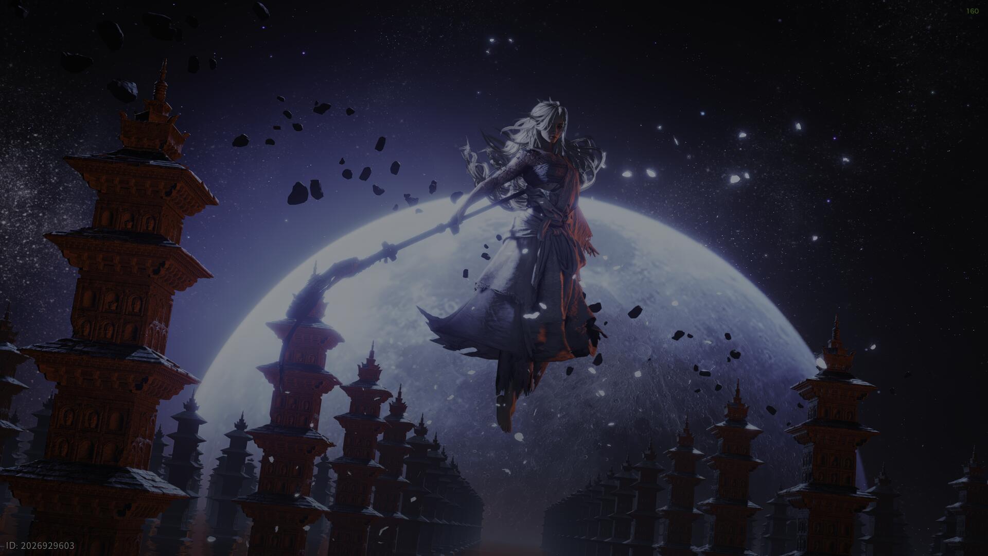 Where Winds Meet video game: a cloaked figure levitates before a massive moon, wind-blown debris and jagged temple spires silhouetted against a violet, starry sky.