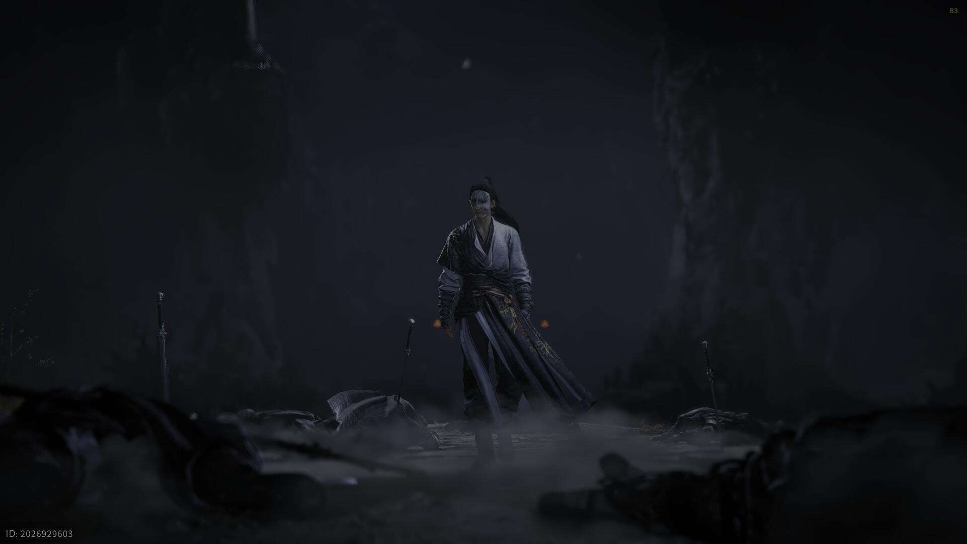 Moody concept art for the video game Where Winds Meet: lone warrior in traditional garb stands on a misty, debris-strewn battleground, sword drawn as wind stirs fog.