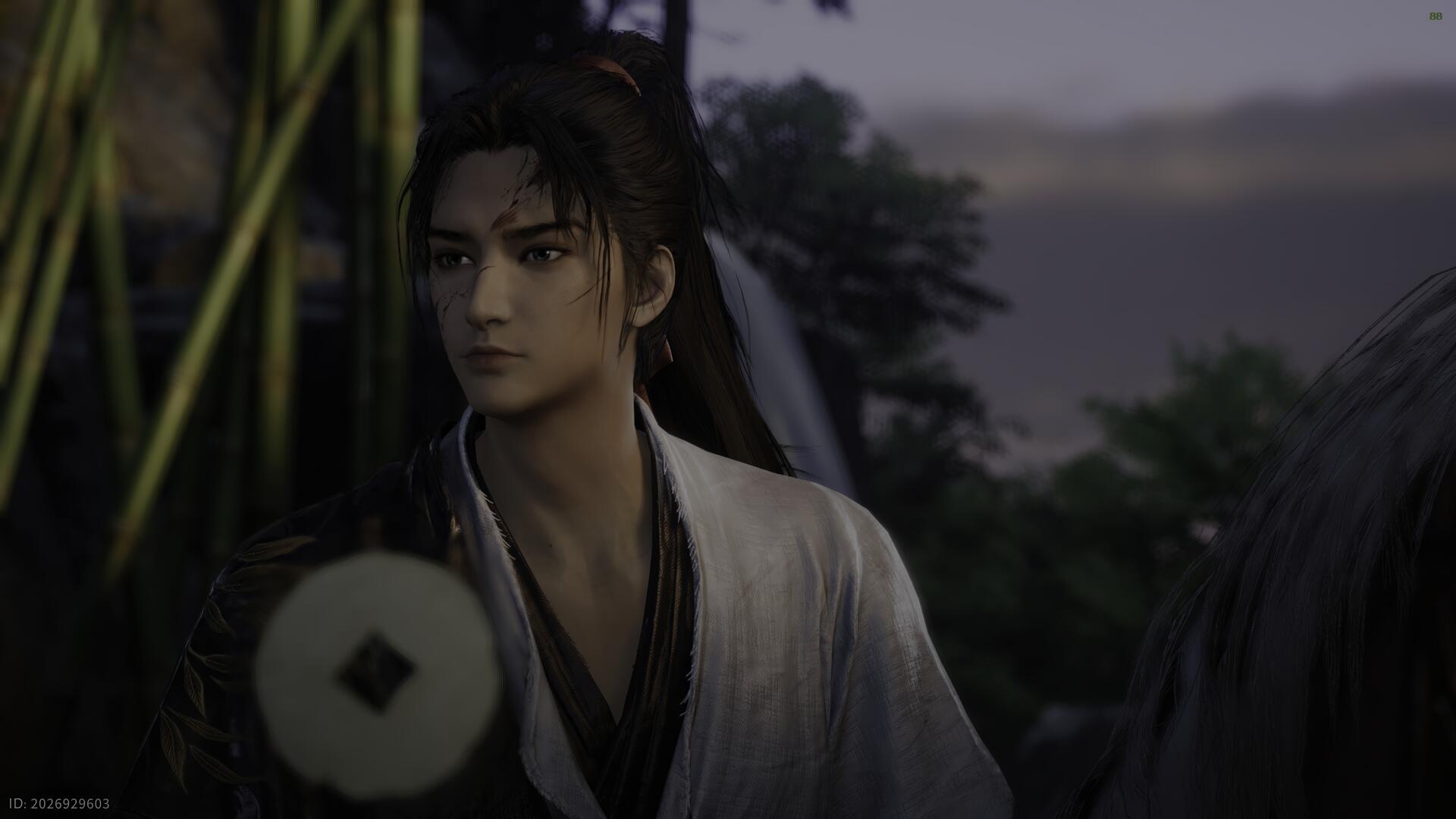 Where Winds Meet (video game): a young man in a white robe with dark tied-back hair gazes toward dusk amid bamboo and shadowed trees.