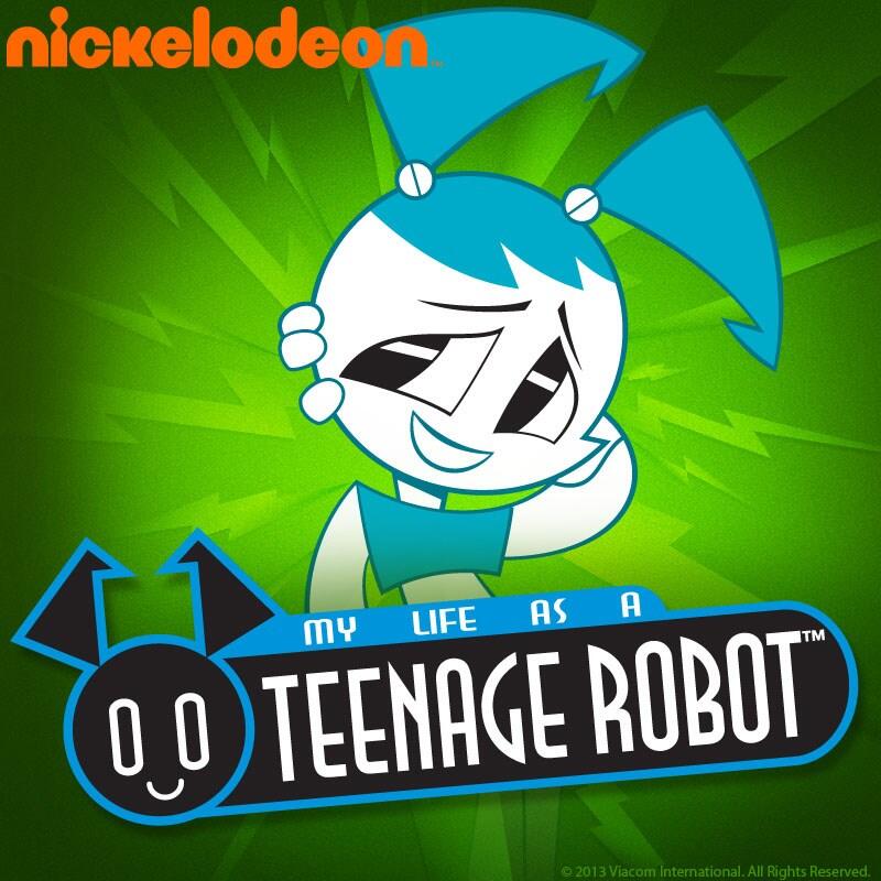 Promotional image for the TV show My Life As A Teenage Robot showing blue‑haired robot teen XJ‑9 smiling against a green burst background with Nickelodeon logo and series title.
