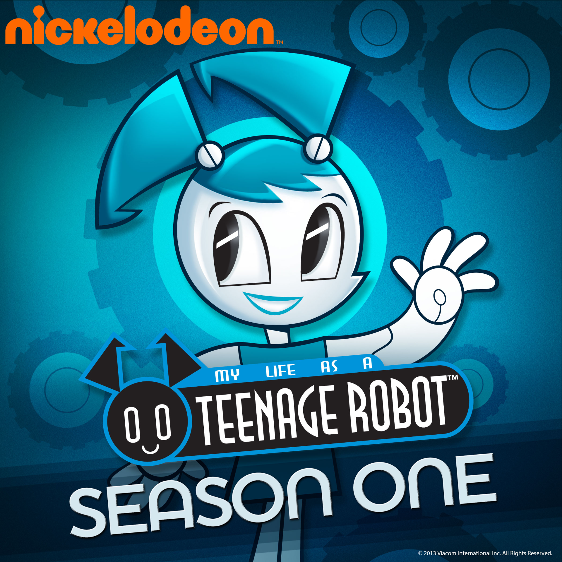 Nickelodeon image of Jenny, the blue robot from the TV show My Life as a Teenage Robot, waving above the Season One title with stylized gears in the blue background.