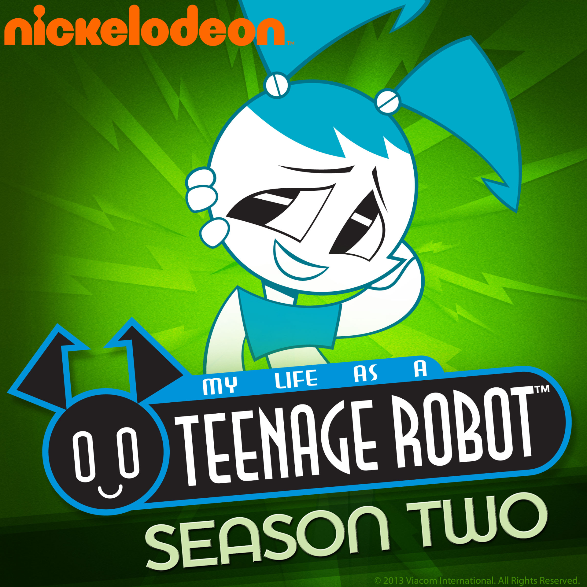 Logo art for the TV show My Life As A Teenage Robot: blue smiling robot teen against a green burst background with Nickelodeon logo and Season Two banner.