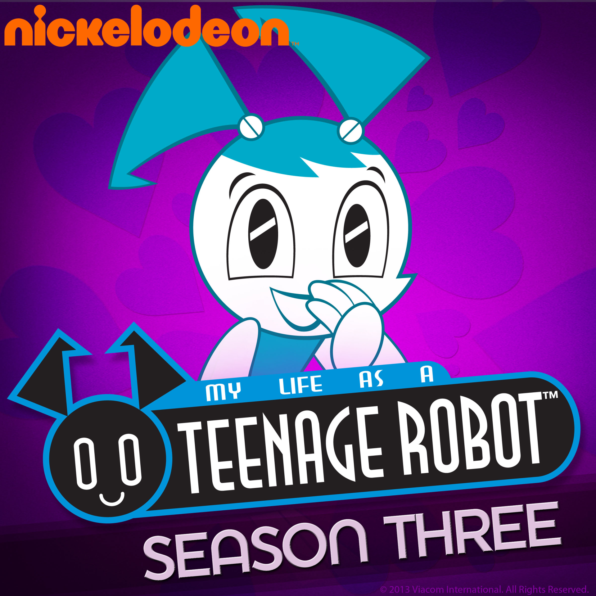 Nickelodeon promo for TV show My Life As A Teenage Robot: the blue-haired robot heroine smiles above the Season Three logo.