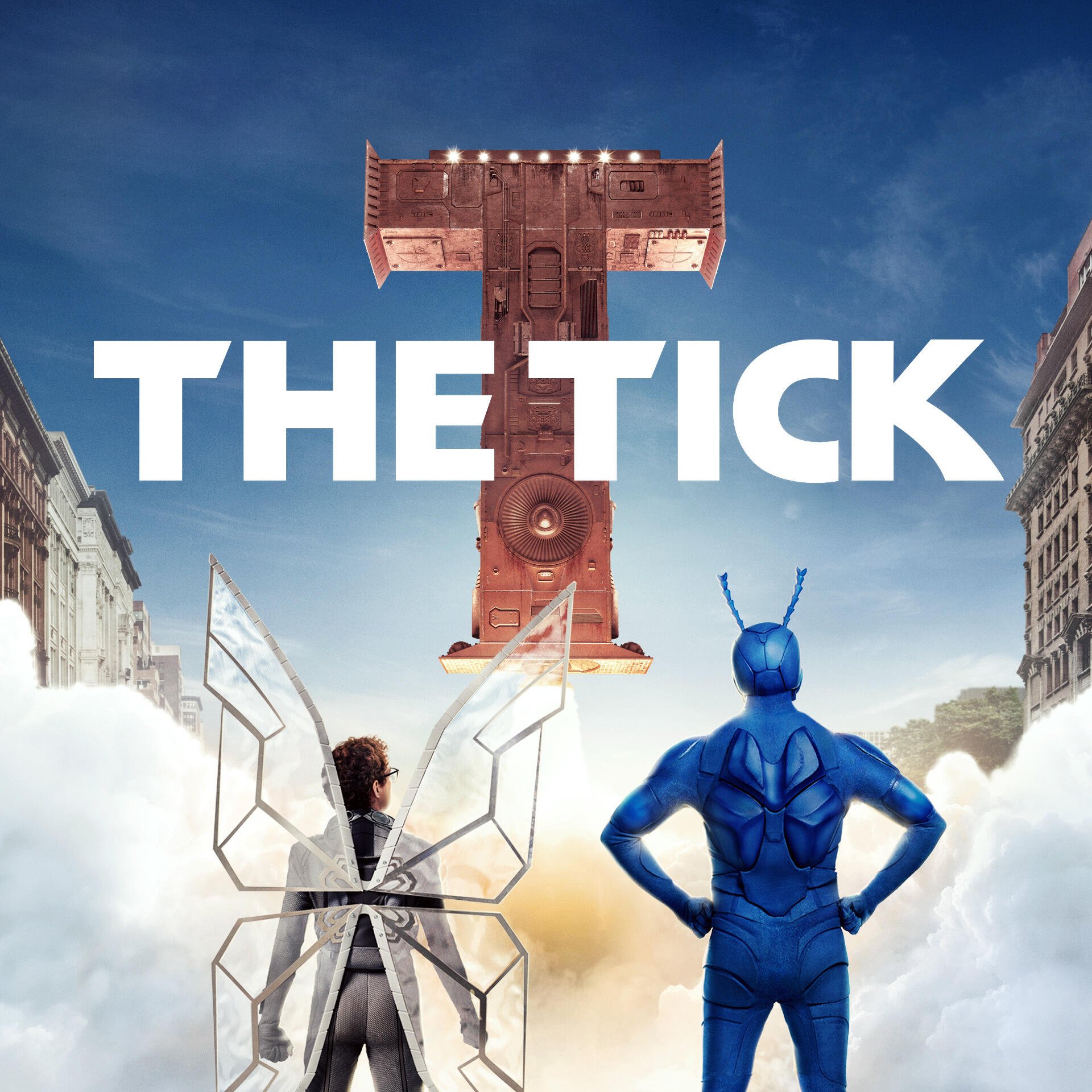 The Tick (2016) TV show poster: blue-costumed hero The Tick and a winged ally stand on clouds above a city, the bold show title spanning the sky.