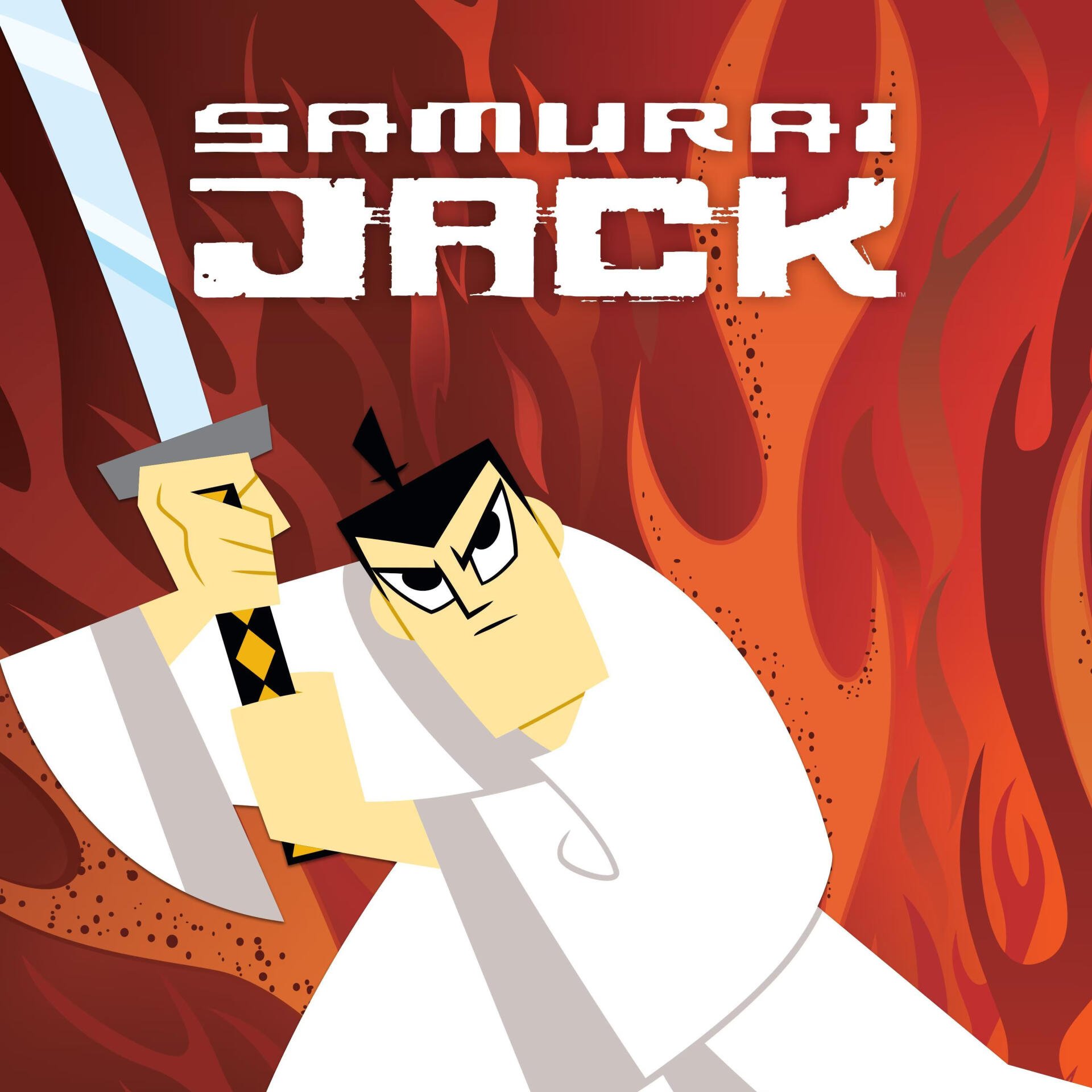 Samurai Jack TV show poster-style image: the samurai in a white kimono grips his sword, angular features and stern expression set against a red, flame-filled background with the series logo.
