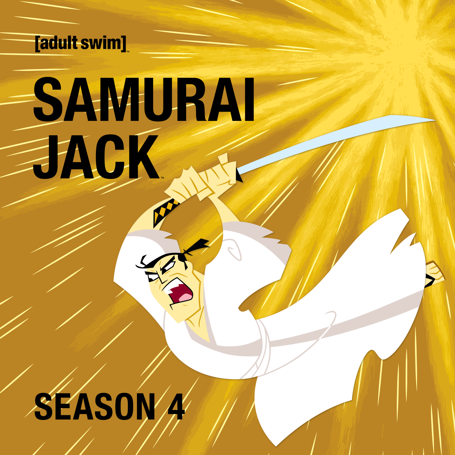 Samurai Jack (TV show) poster: Jack in white robes lunging with raised sword through a burst of golden light; Season 4 text and [adult swim] logo visible.