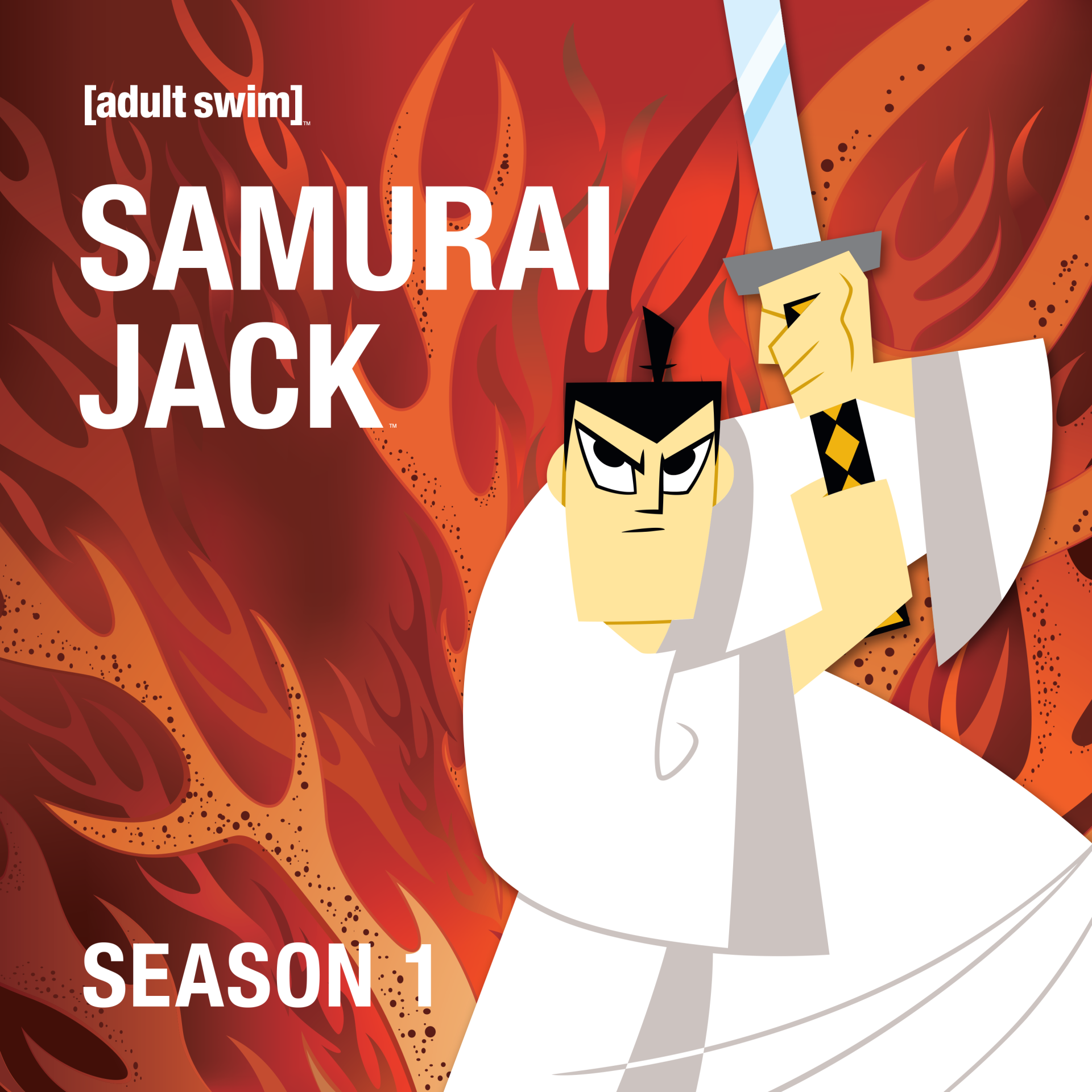 Samurai Jack (TV show) title art: the samurai in a white robe raises his sword against stylized red flames, with bold SAMURAI JACK and SEASON 1 text.