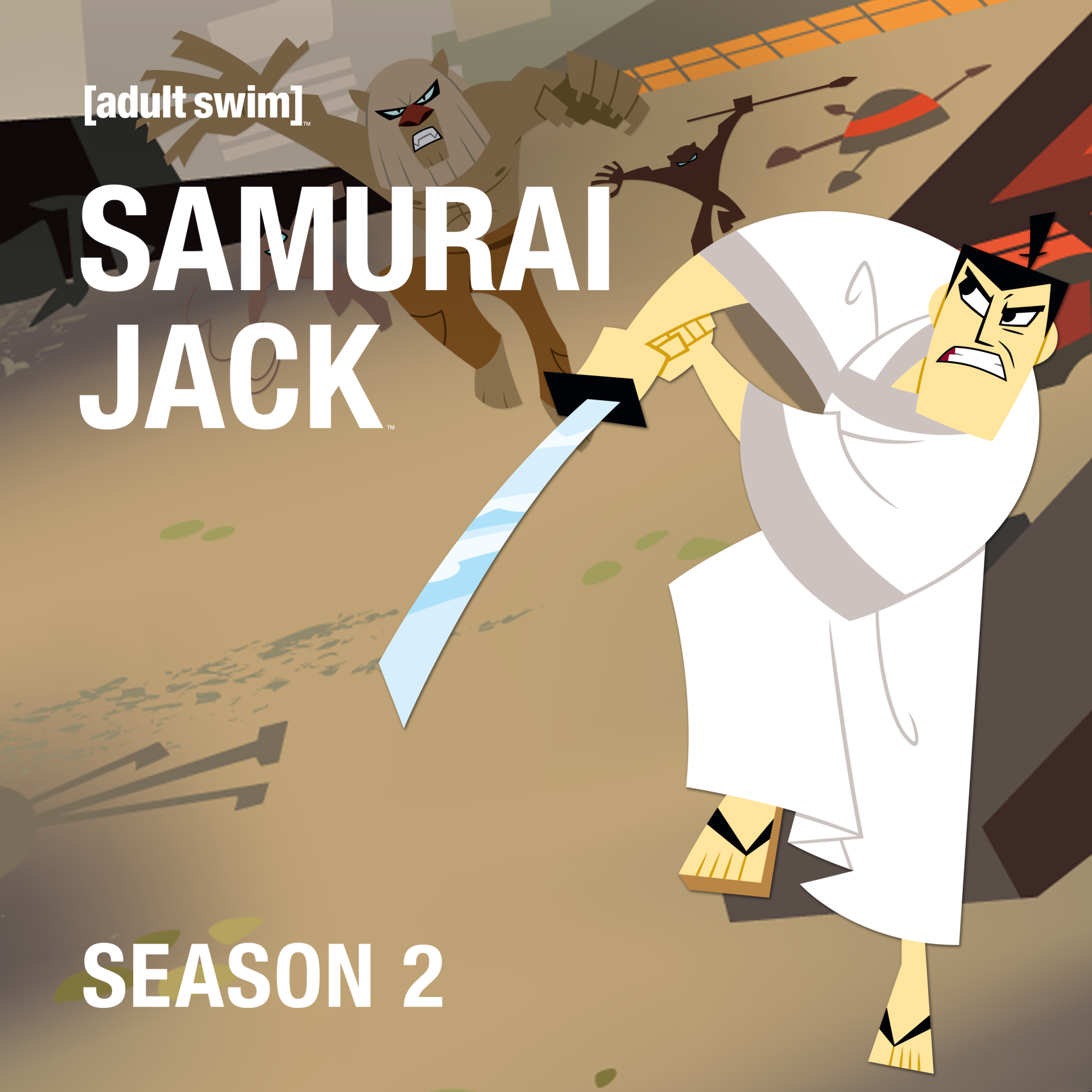 TV show Samurai Jack: the samurai in a white kimono slashes with his sword at shadowy enemies; Season 2 text and [adult swim] logo visible.