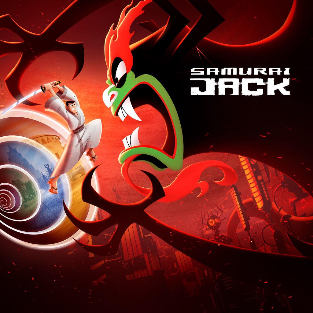 Samurai Jack, TV show poster: Jack springs with sword toward a snarling green-faced demon set against swirling red abstract shapes and a distant cityscape.