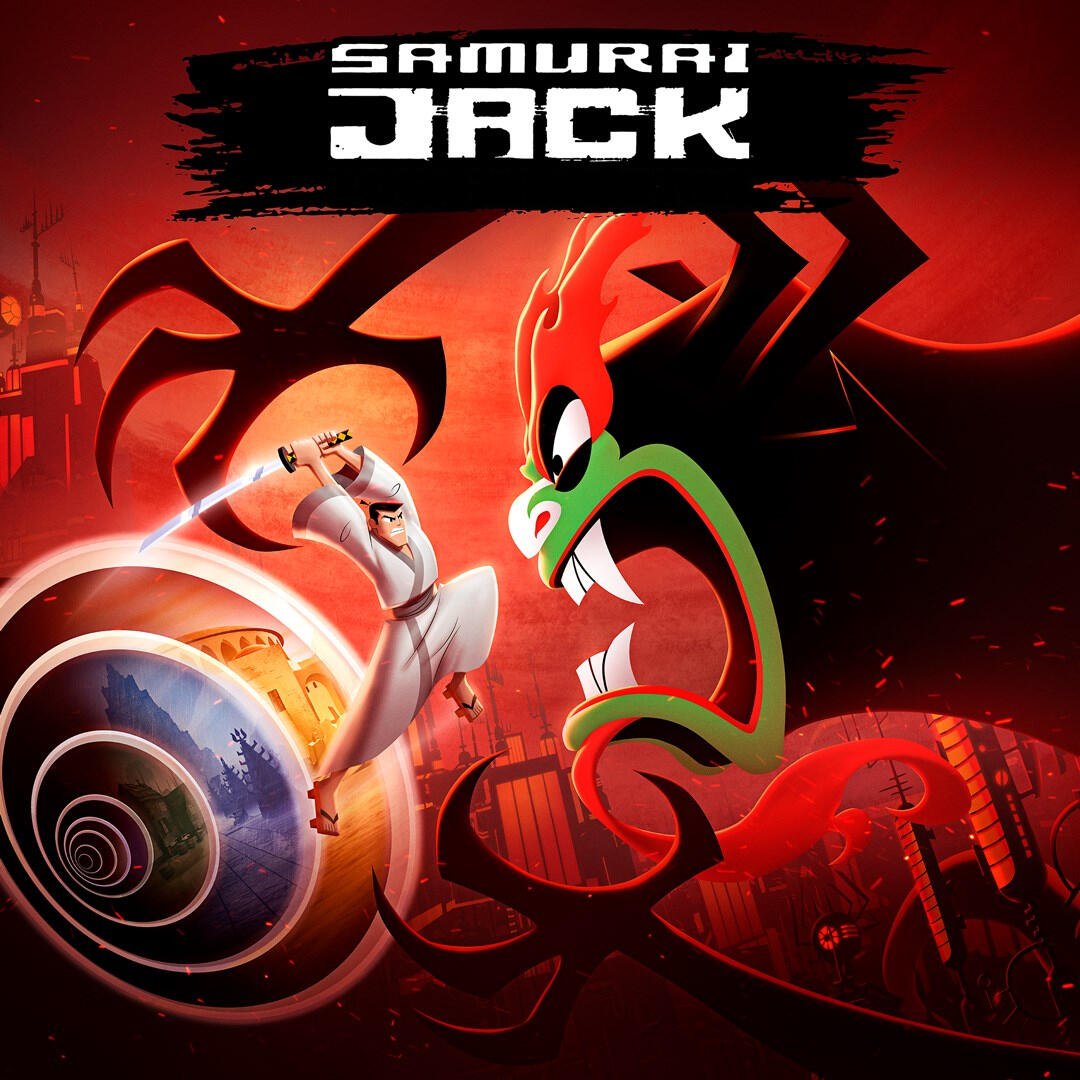 Art from the Samurai Jack TV show: Jack in a white kimono strikes with his sword at the shadowy, green-faced demon Aku against a dramatic red, cityscape background.