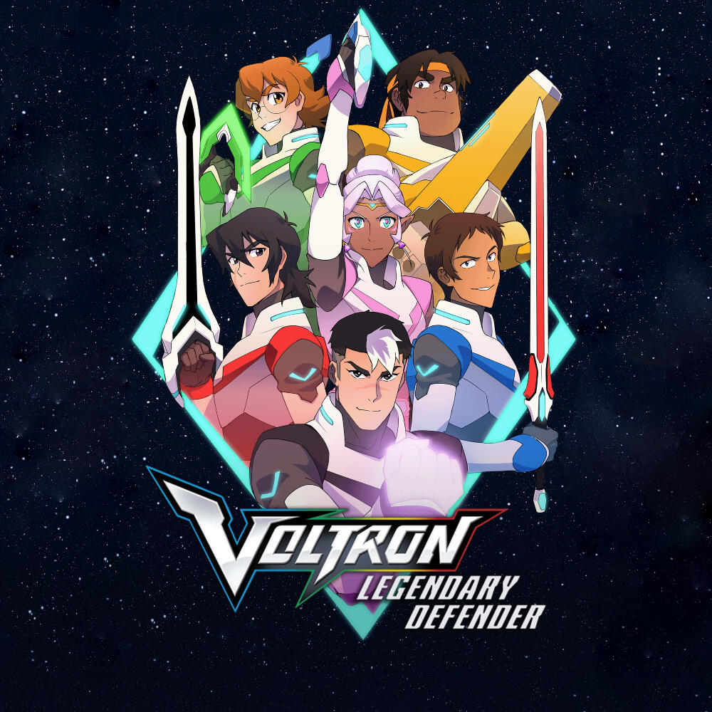 Promotional art for the TV show Voltron: Legendary Defender showing six Paladins in colored armor around a glowing crystal with the series logo.