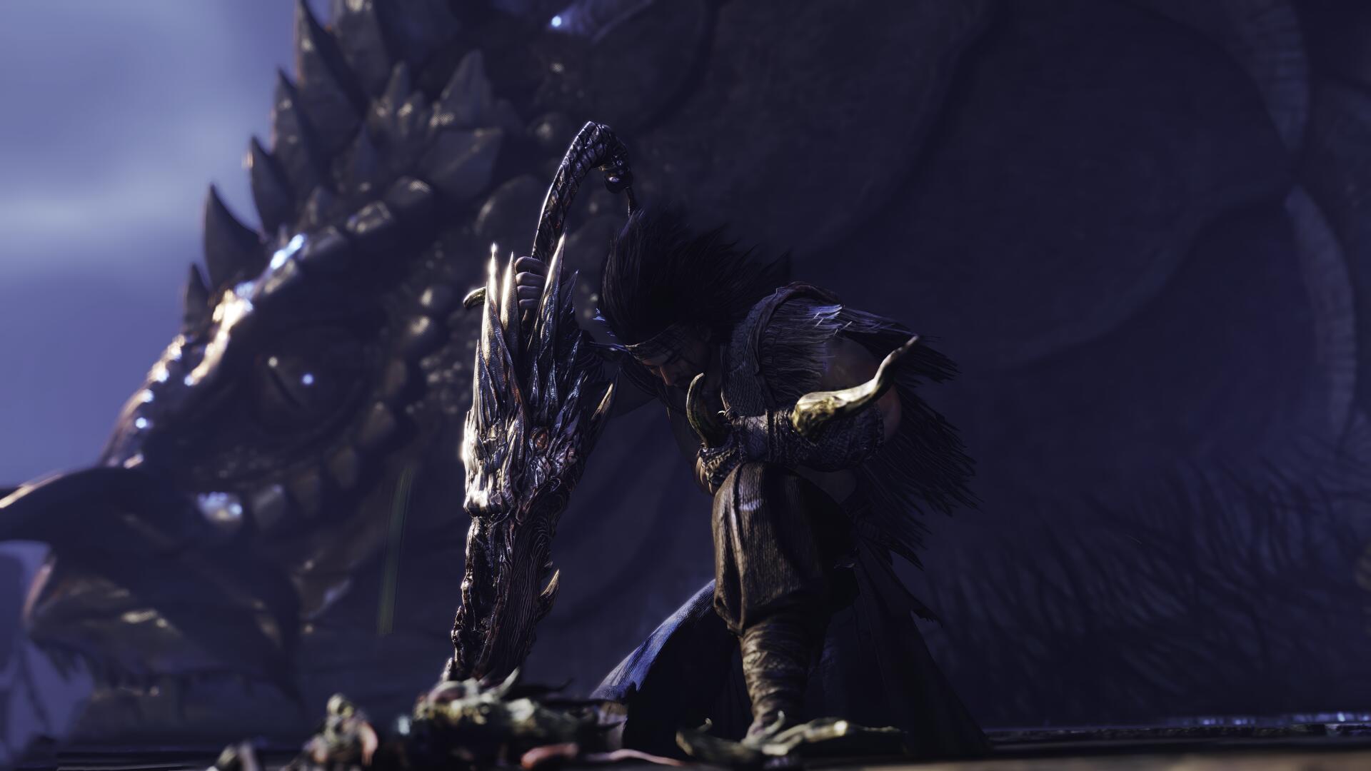 Where Winds Meet (video game): an armored figure kneels before a massive spiked dragon beneath moody, storm-lit skies.