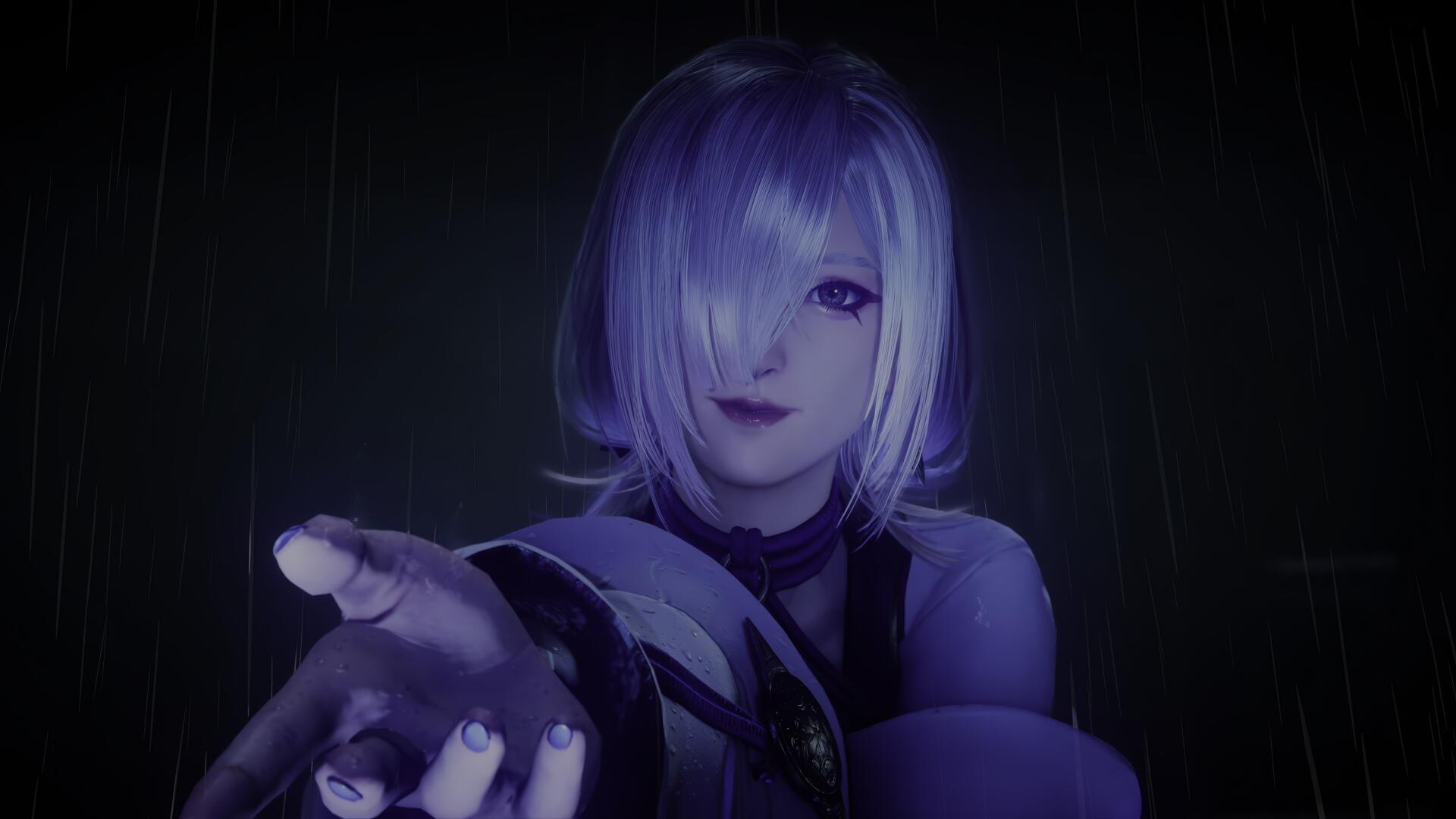 Ninja Gaiden 4 video game scene: a pale‑haired female character reaches toward the viewer amid rain and moody blue lighting.