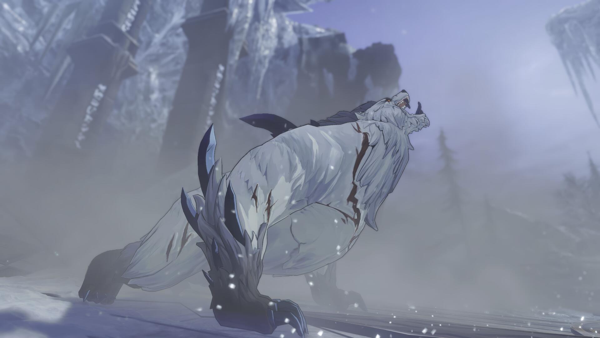 Solo Leveling: ARISE video game screenshot — a colossal spectral wolf stands on cracked, snow-covered ice amid swirling mist and falling ice shards.