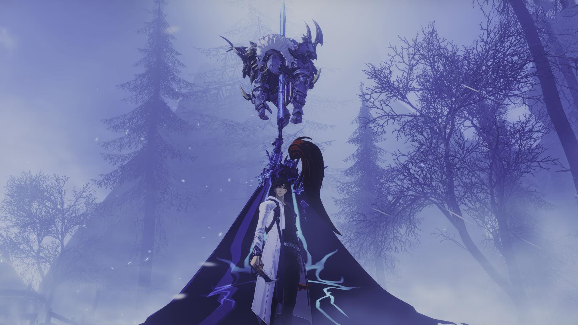 Solo Leveling: ARISE video game scene — lone hunter faces a towering shadowy boss on a foggy, purple-lit battlefield amid skeletal trees.