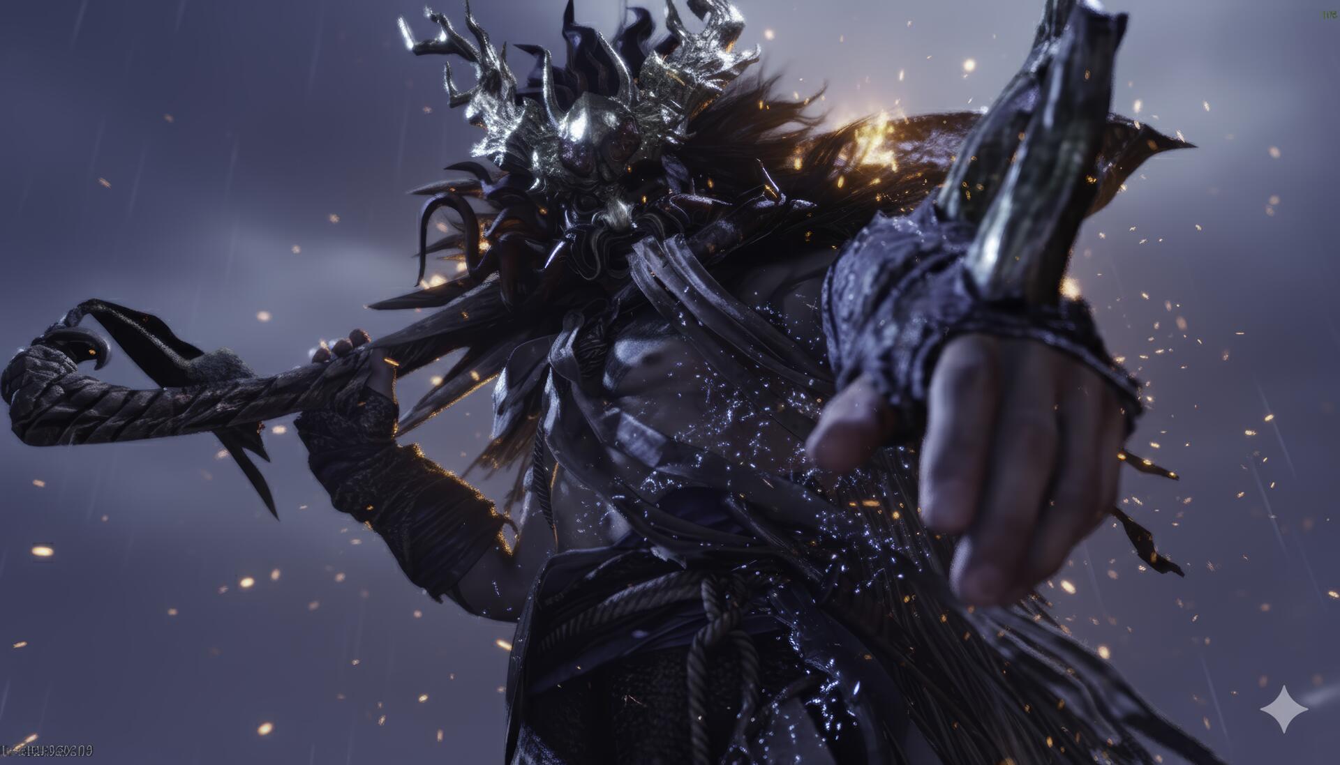 Dark armored warrior clutching a jagged polearm amid swirling wind and sparks, cinematic key art for the video game Where Winds Meet.