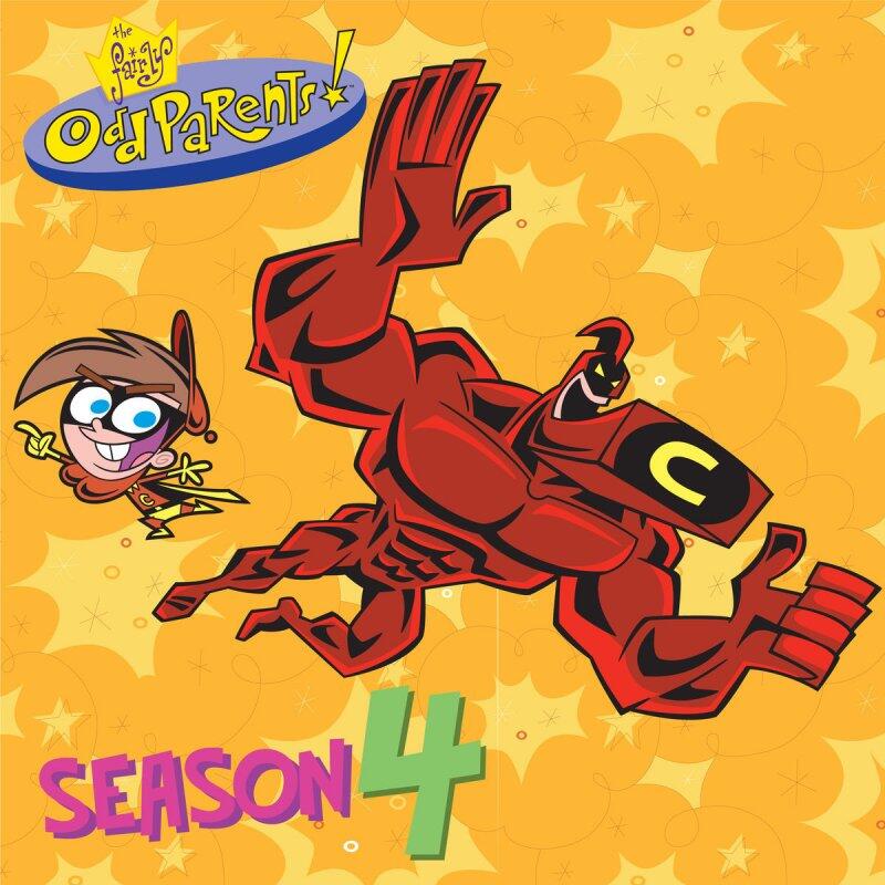 The Fairly OddParents TV show poster: Timmy Turner and the Crimson Chin strike a heroic pose against a yellow starry background with a Season 4 logo.
