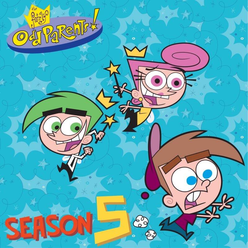 The Fairly OddParents TV show image: Timmy Turner with fairy godparents Cosmo and Wanda over a blue starry background with a bold Season 5 logo.