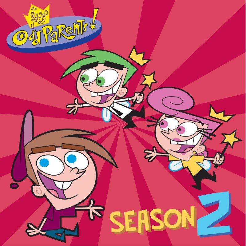The Fairly OddParents TV show image: Timmy Turner with fairy godparents Cosmo and Wanda flying across a red starburst background with stars and a Season 2 logo.