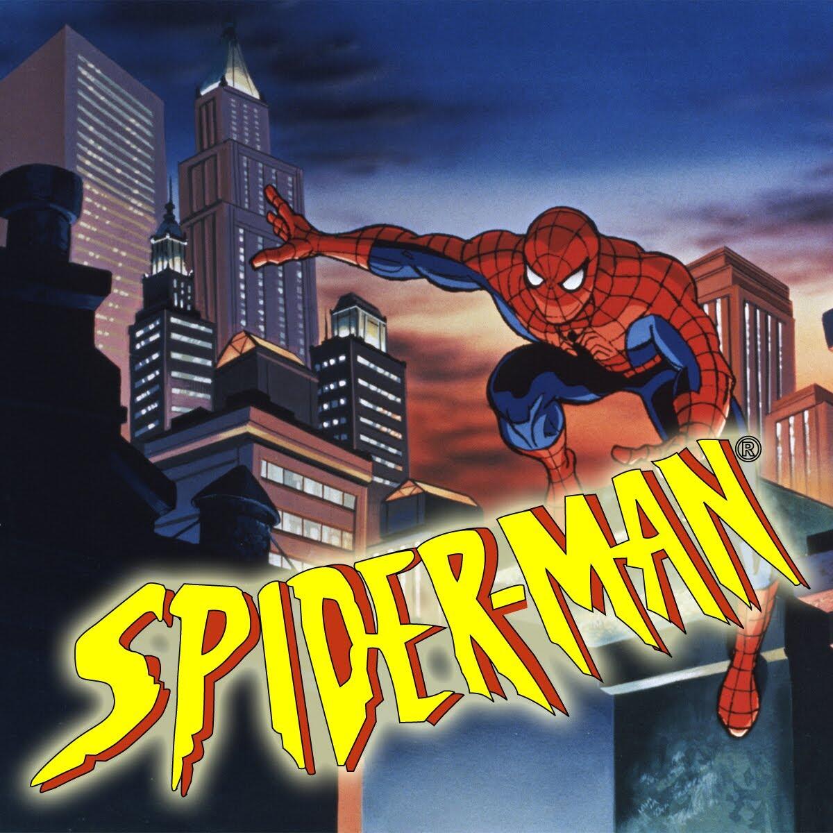 Spider-Man leaps over a dusk city skyline with the bold Spider-Man logo — promotional art for Spider-Man: The Animated Series TV show.
