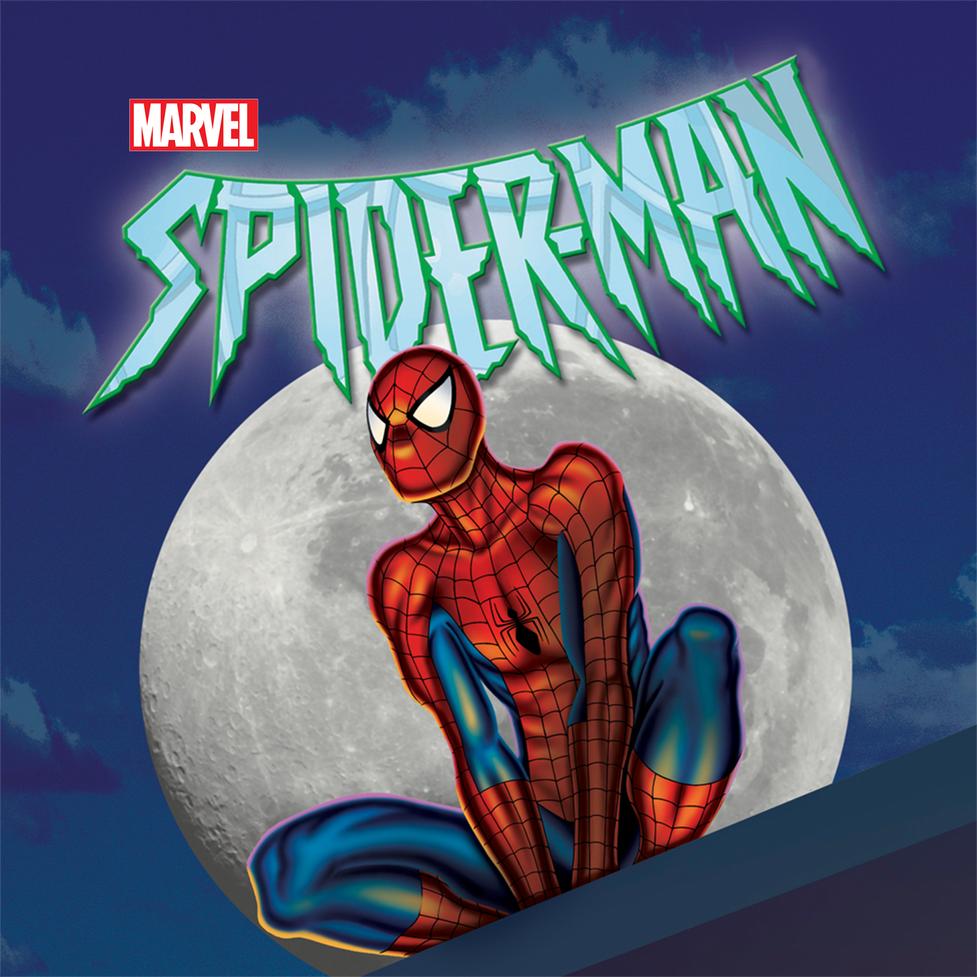 Spider-Man from Spider-Man: The Animated Series crouches on a rooftop with the show logo above and a large full moon glowing behind him.