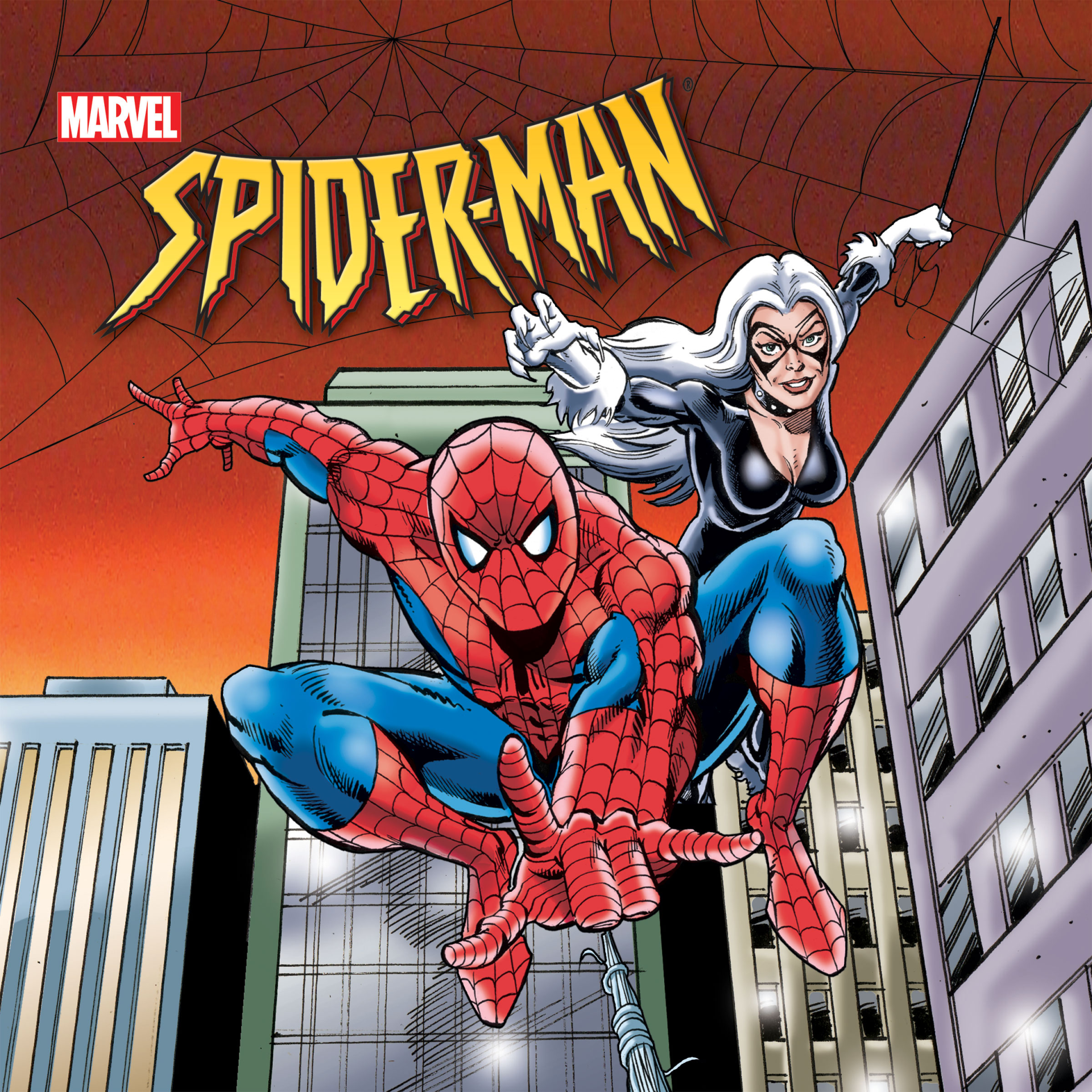 Spider-Man and Black Cat leap between skyscrapers in animated, comic-style art for Spider-Man: The Animated Series (TV show).