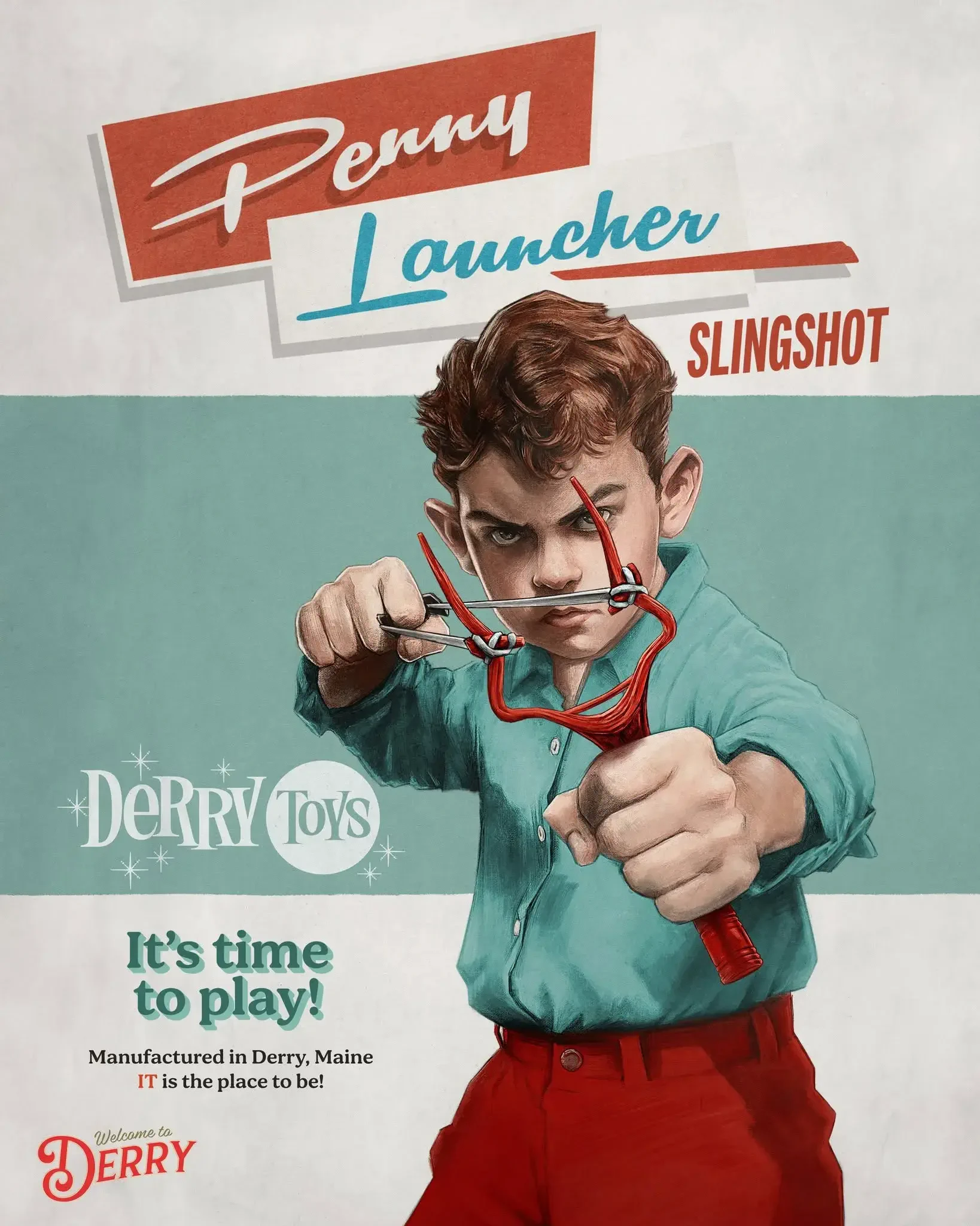 Vintage-style ad for the Penny Launcher slingshot from It: Welcome to Derry (TV show), showing a boy aiming a red slingshot with Derry Toys and It's time to play! text.