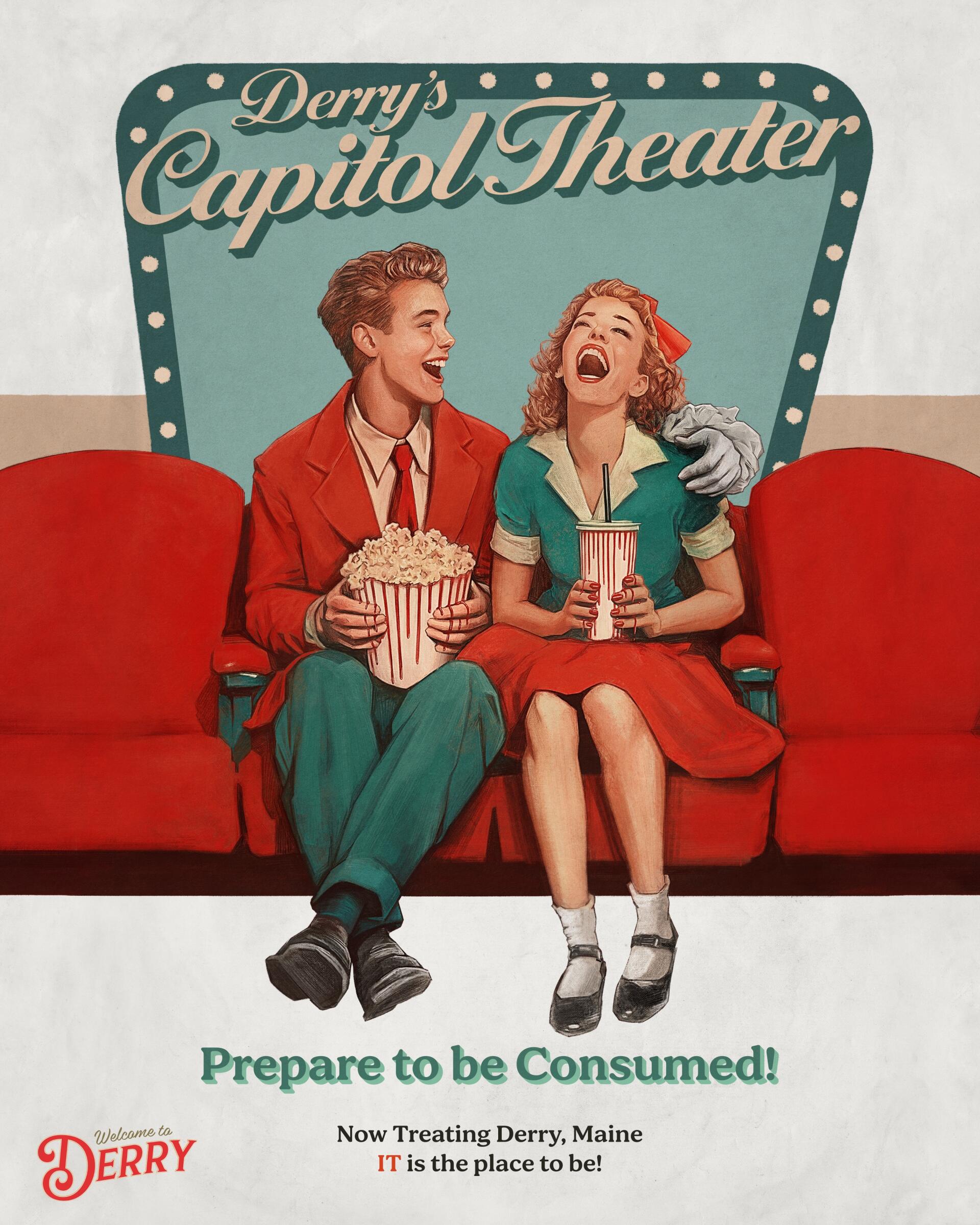 Poster for the TV show It: Welcome to Derry — retro couple laughing with popcorn seated in Derry's Capitol Theater beneath the tagline Prepare to be Consumed!