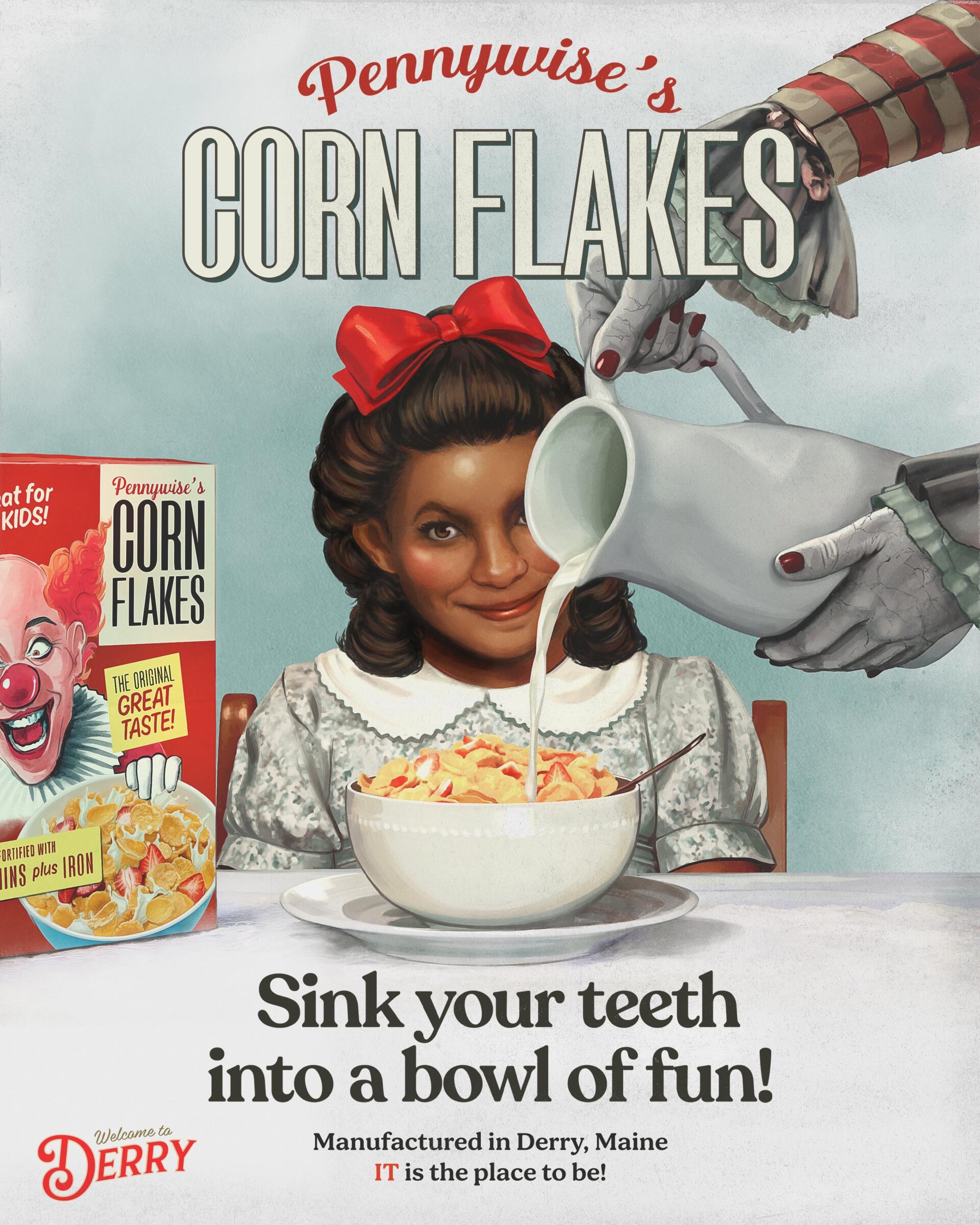 Vintage ad for Pennywise's Corn Flakes from It: Welcome to Derry (TV show) — clown hands pour milk into a smiling girl's cereal bowl beside a box with Pennywise's face.