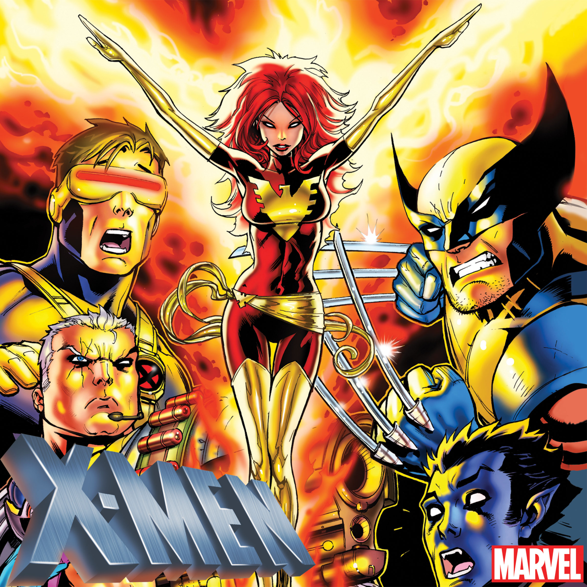 X-Men: The Animated Series TV show art — Phoenix (Jean Grey) erupts in flame above Cyclops, Wolverine, Beast and Iceman, with the X‑Men logo.