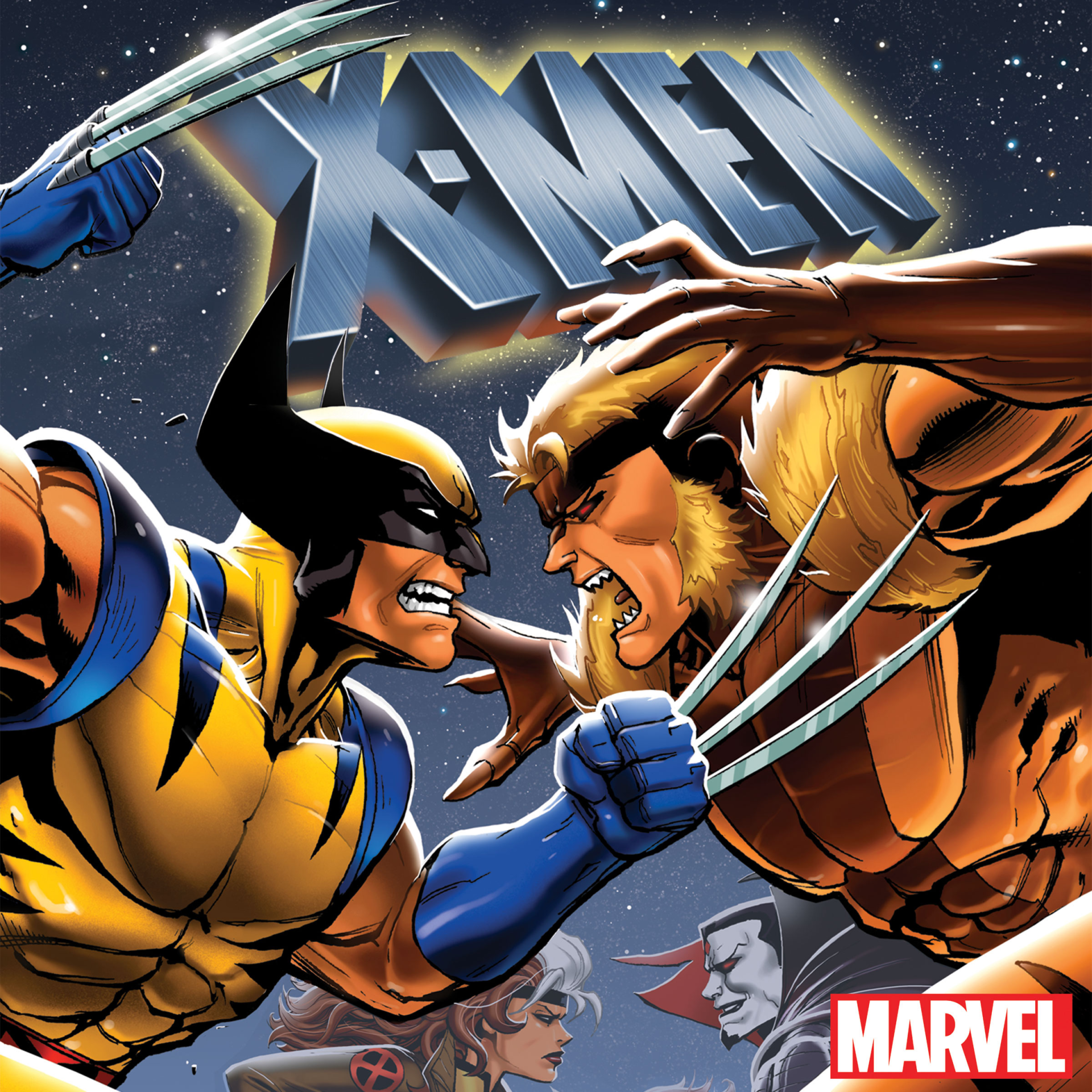 X-Men '92 / X-Men: The Animated Series TV show art: two Wolverines clash claws beneath a large X-Men logo, other team members visible and Marvel logo on a starry background.