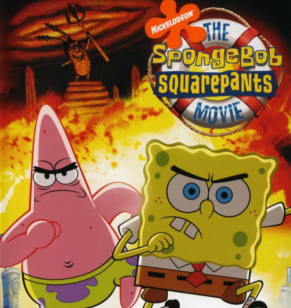 Poster for The SpongeBob SquarePants Movie: determined SpongeBob and angry Patrick stand in front of a fiery, chaotic backdrop with the movie logo above them.