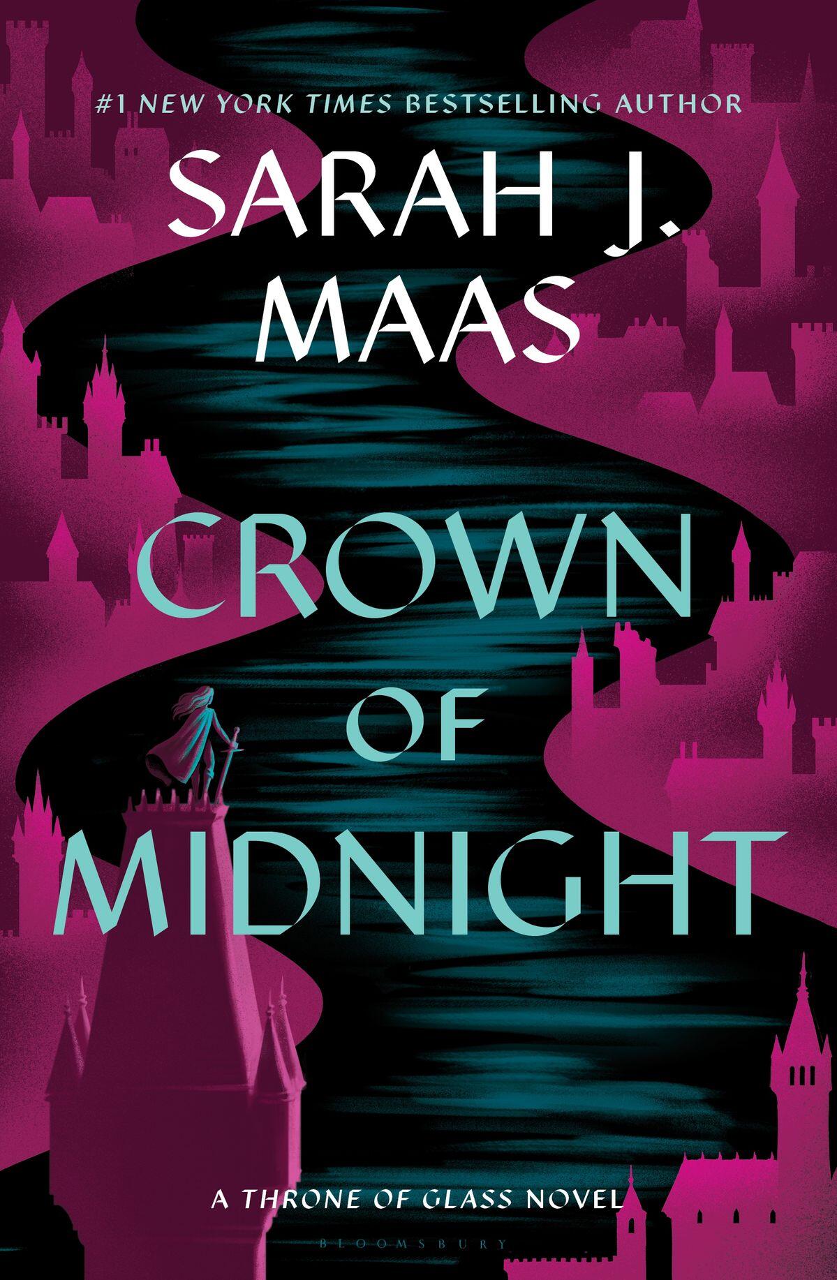 Book cover of Crown of Midnight by Sarah J. Maas: a teal, ribbonlike river spirals through magenta castle silhouettes, title and author name in bold across the design.