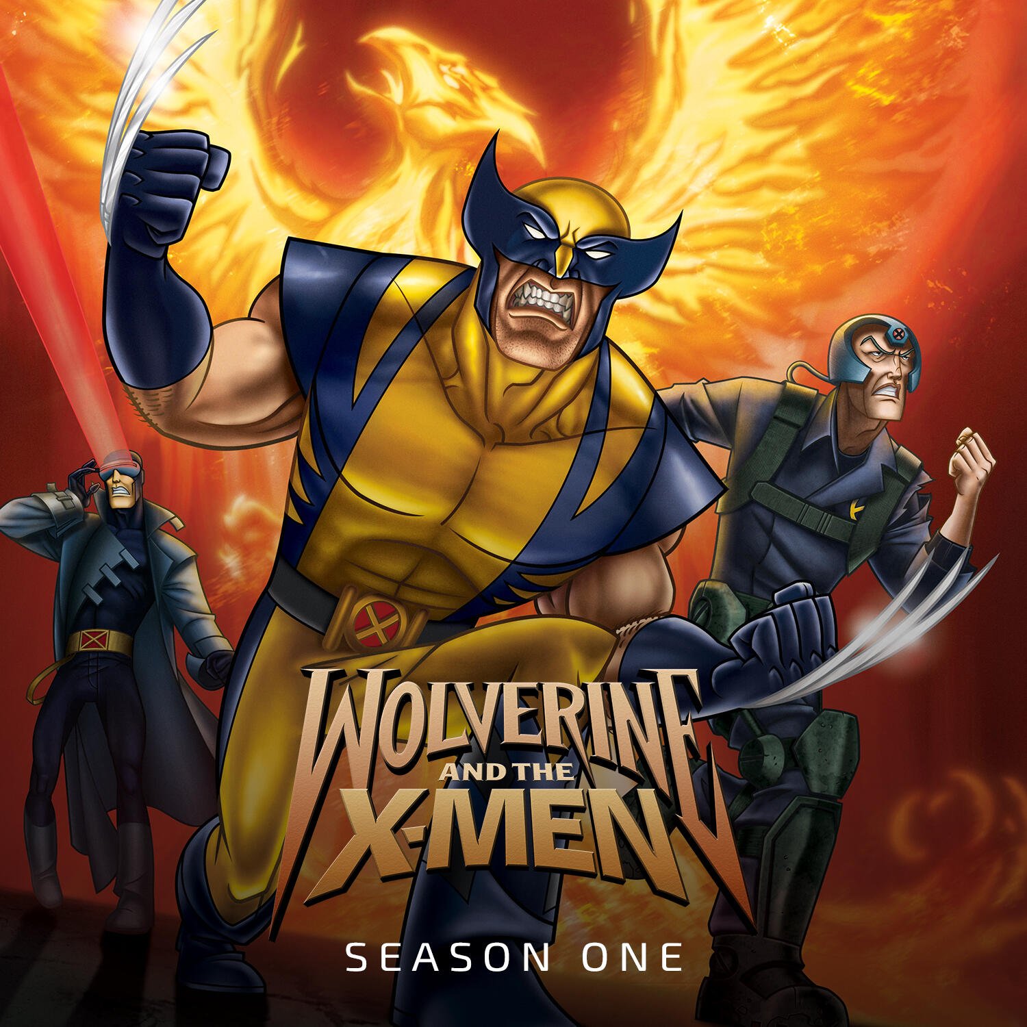 Poster for the TV show Wolverine & the X-Men: Wolverine in yellow suit, claws out, flanked by two X-Men, a fiery phoenix rising behind and the Wolverine and the X-Men — Season One title.