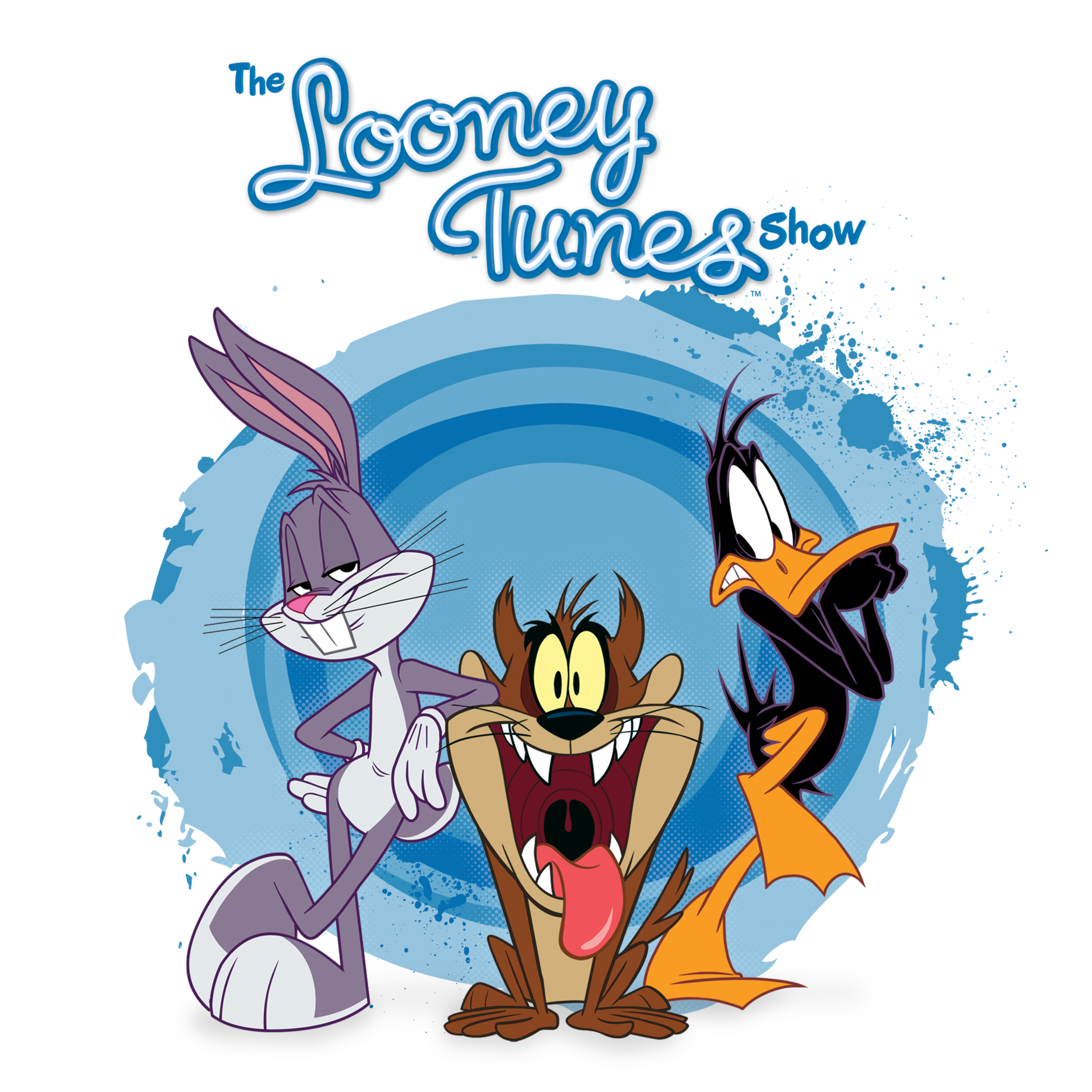 Promotional art for The Looney Tunes Show TV show featuring Bugs Bunny, Taz, and Daffy Duck posing before a blue spiral splash background.