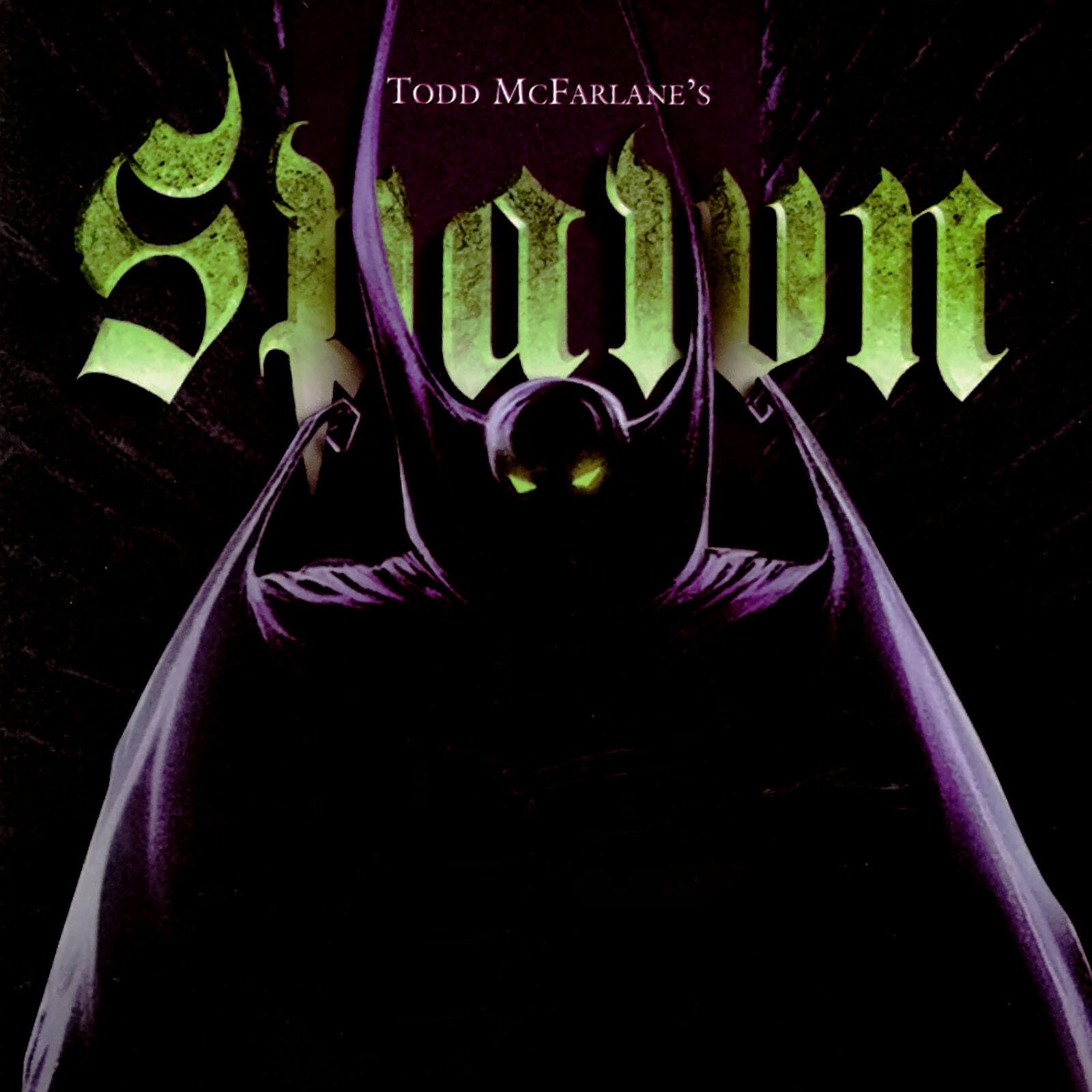 Todd McFarlane's Spawn TV show art: shadowy Spawn with glowing green eyes and billowing cape beneath a stylized green Spawn logo on a black background.