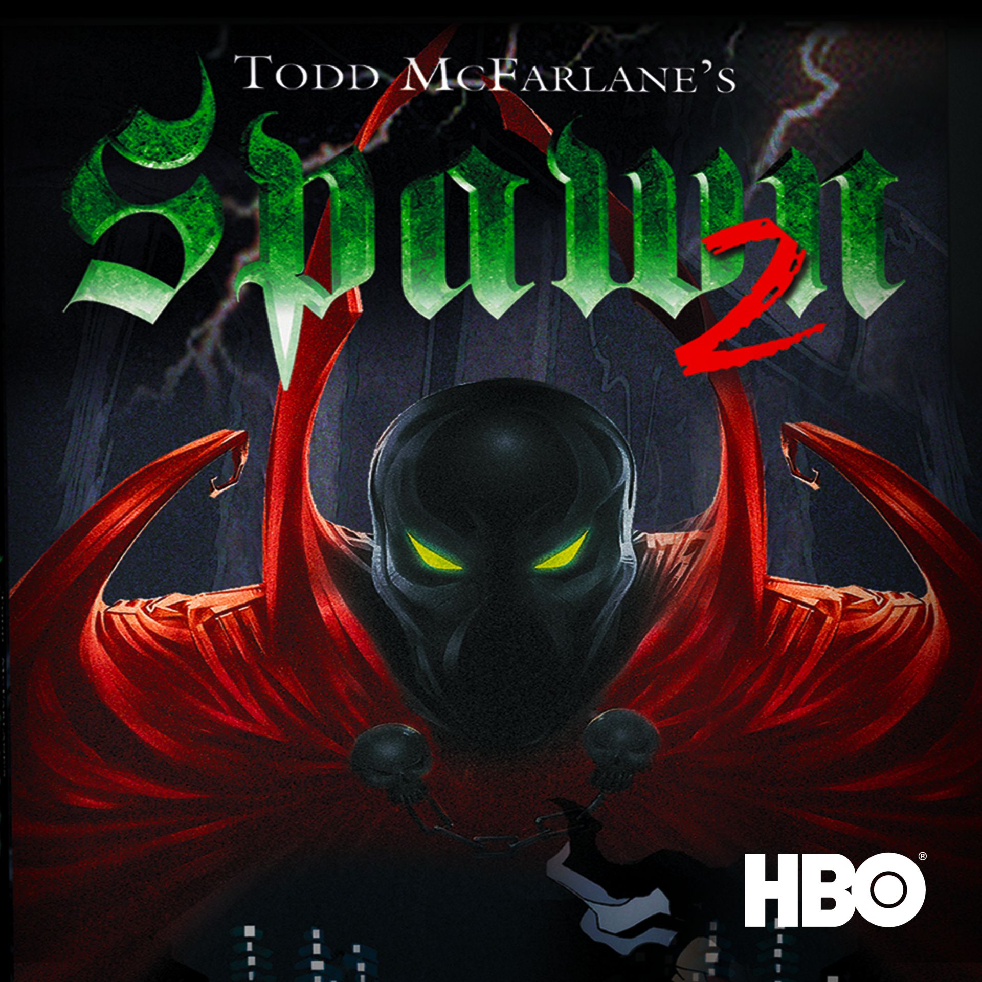 Todd McFarlane's Spawn TV show poster: shadowy masked figure with glowing green eyes, billowing red cape, Spawn 2 title and HBO logo.