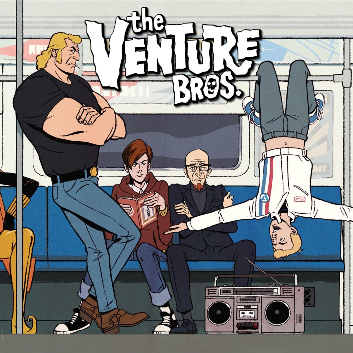 The Venture Bros. TV show scene: four characters on a subway — a muscular man stands arms crossed, two sit reading, another hangs upside down over a boombox beneath the series logo.