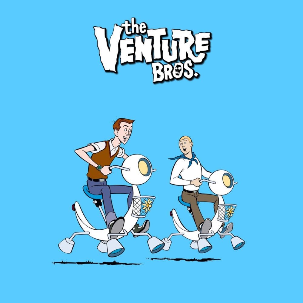 The Venture Bros. TV show logo above two animated characters riding white retro‑futuristic scooters on a bright blue background.
