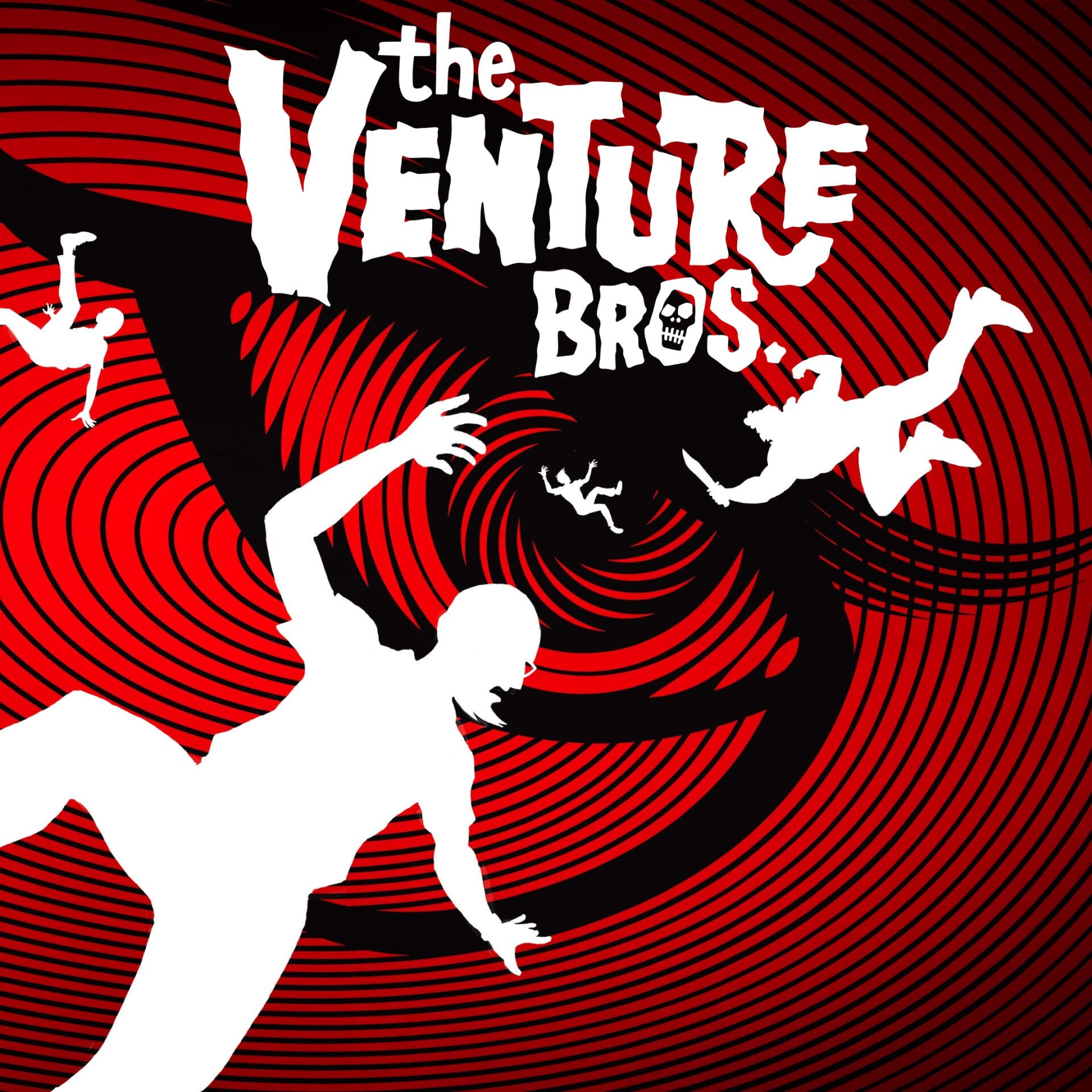 The Venture Bros. TV show logo over a red-and-black spiral background with white silhouetted figures tumbling toward a dark center.