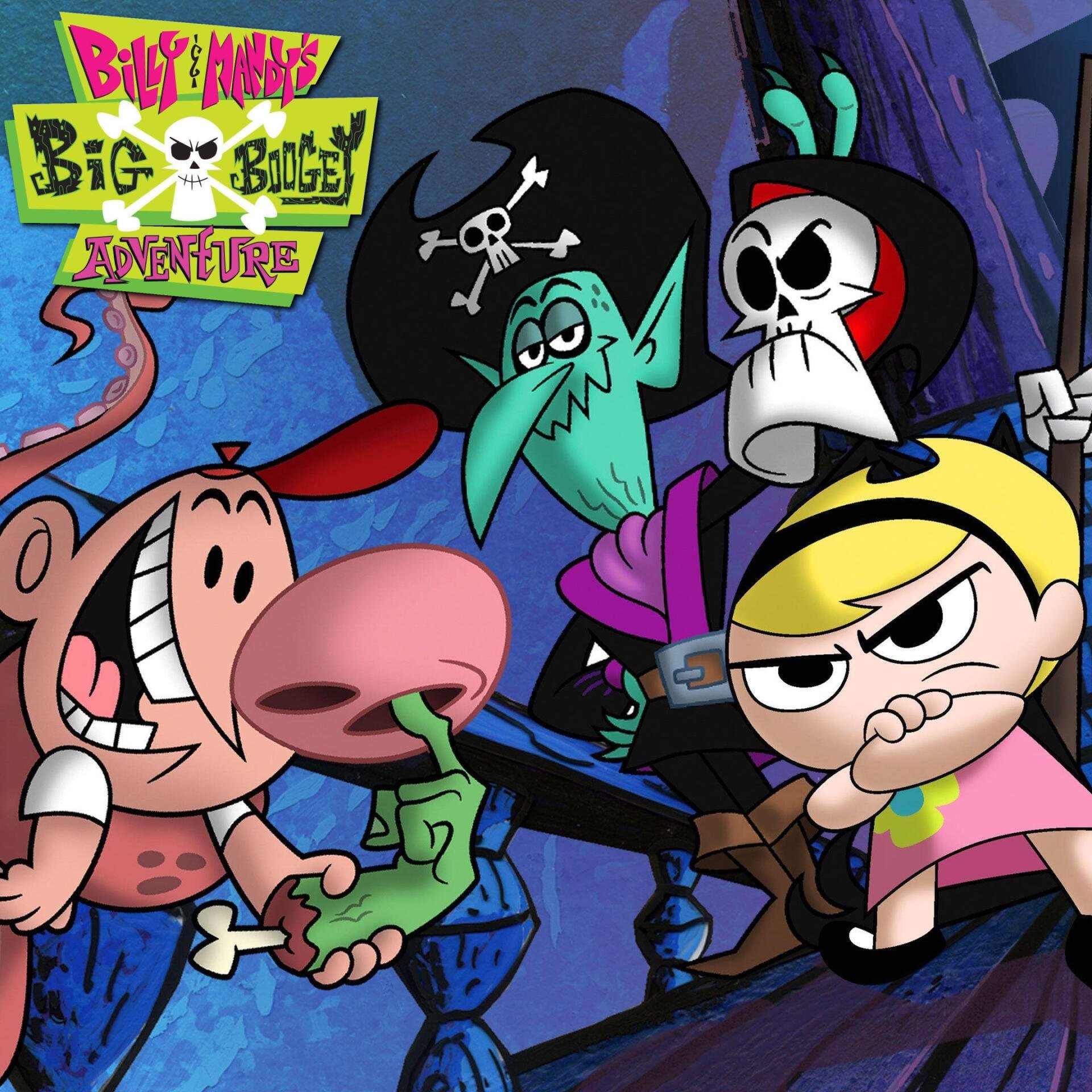 The Grim Adventures of Billy & Mandy TV show: Billy grinning, Mandy scowling, Grim and a green ghoul posed together in a spooky cave.