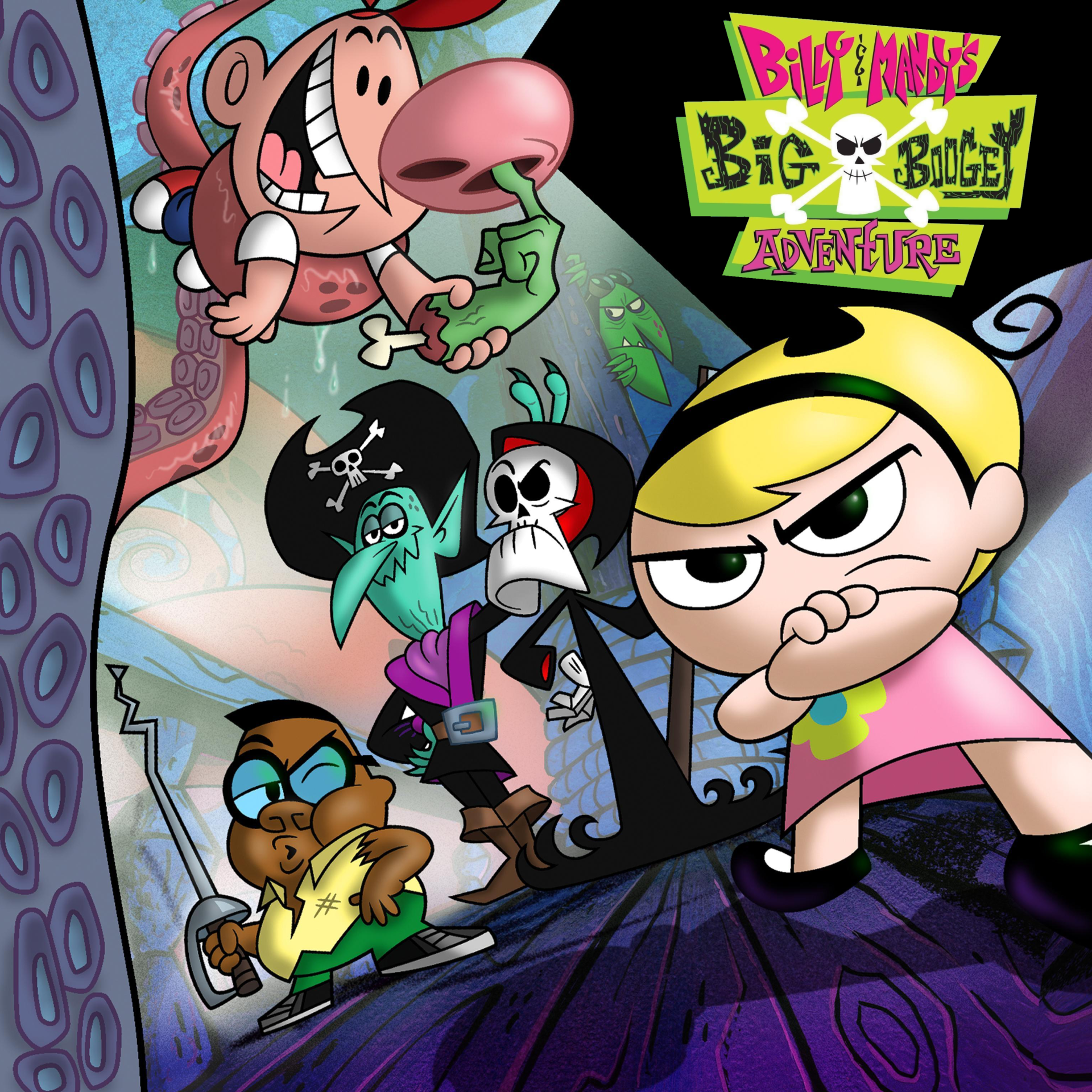 Poster for the TV show The Grim Adventures of Billy & Mandy: scowling Mandy in front, Billy, Grim and quirky friends posed against a colorful, spooky backdrop.