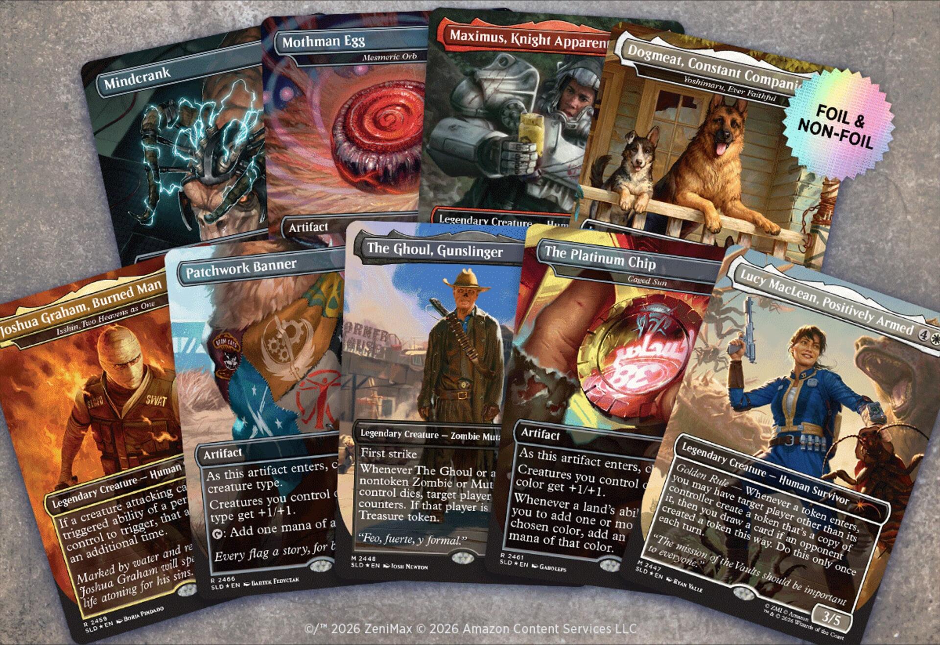 Layout of Fallout-themed Magic: The Gathering card game cards showing Vault Boy, characters, creatures, artifacts and vivid, detailed game art arranged on a table.